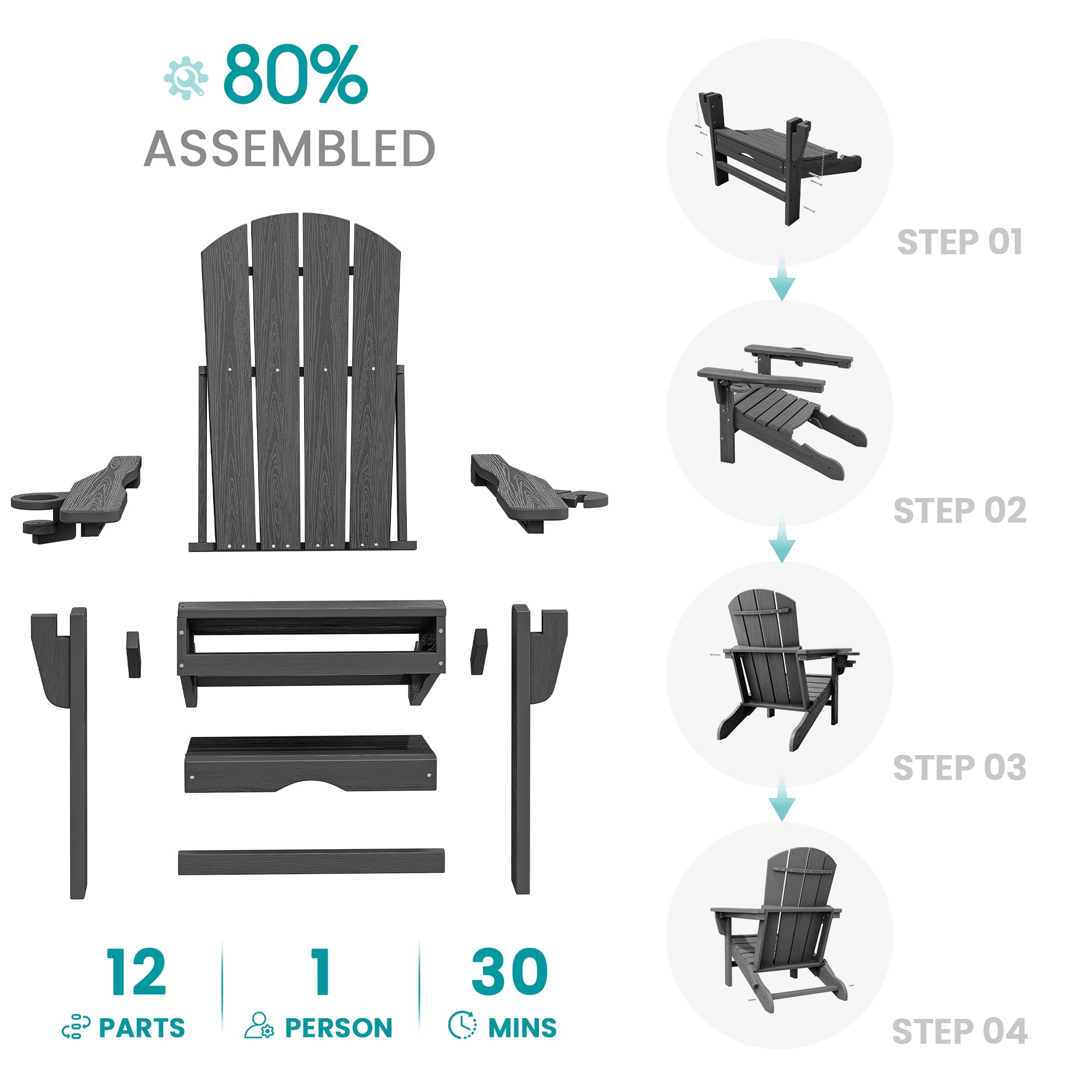 KINGYES Folding Adjustable Adirondack Chair with Retractable Ottoman (Grey, Set of 2) jf7ar