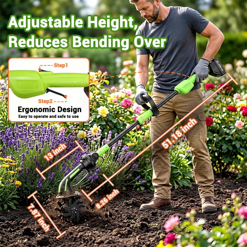 iToolMax 24V Cordless Electric Tiller Cultivator, Lightweight Garden Soil Tiller with Extension Rod, 2 Batteries & Charger (4 in Width, 51 in Length) pt2v9