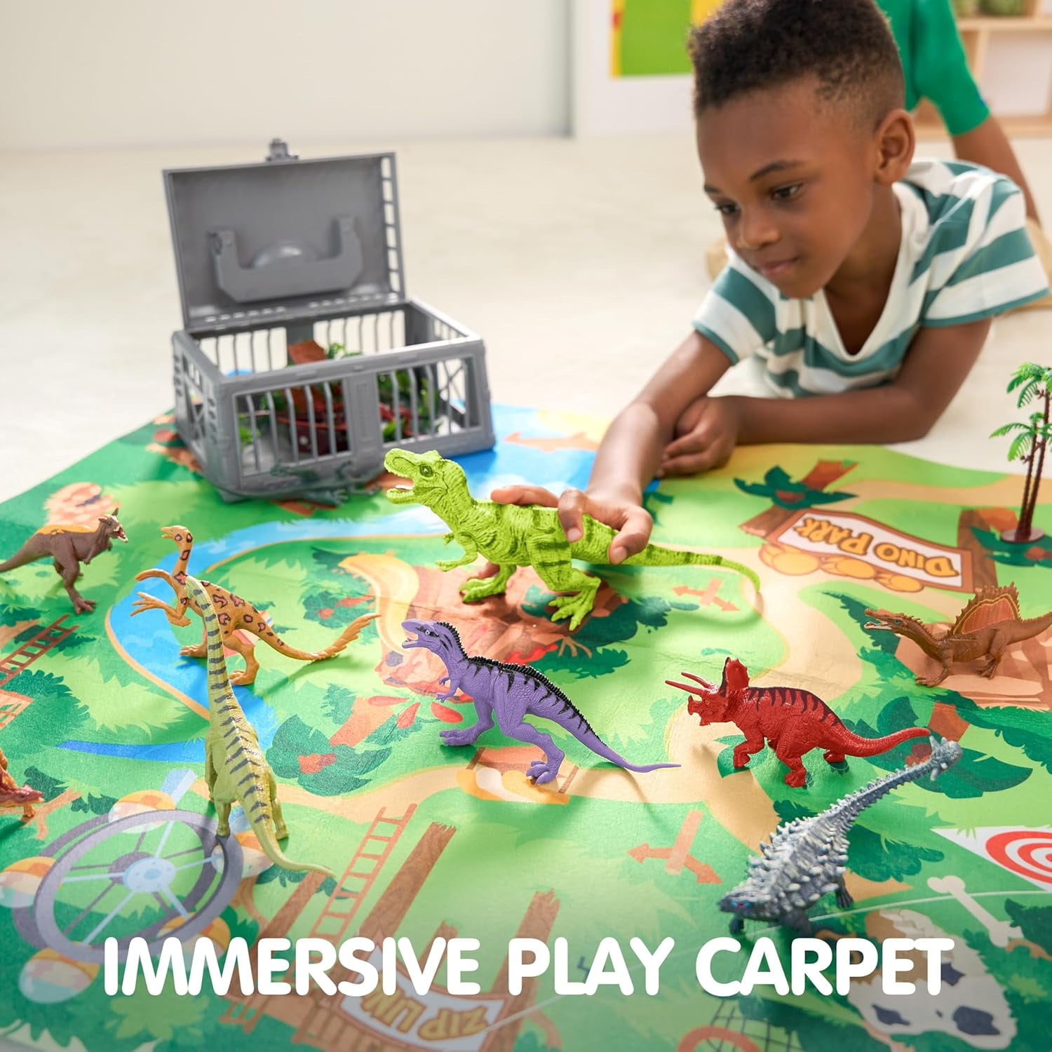 Joyfy 19-Piece Dinosaur Figure Playset with Activity Play Mat and Storage Cage (19 Pieces) r7l6l