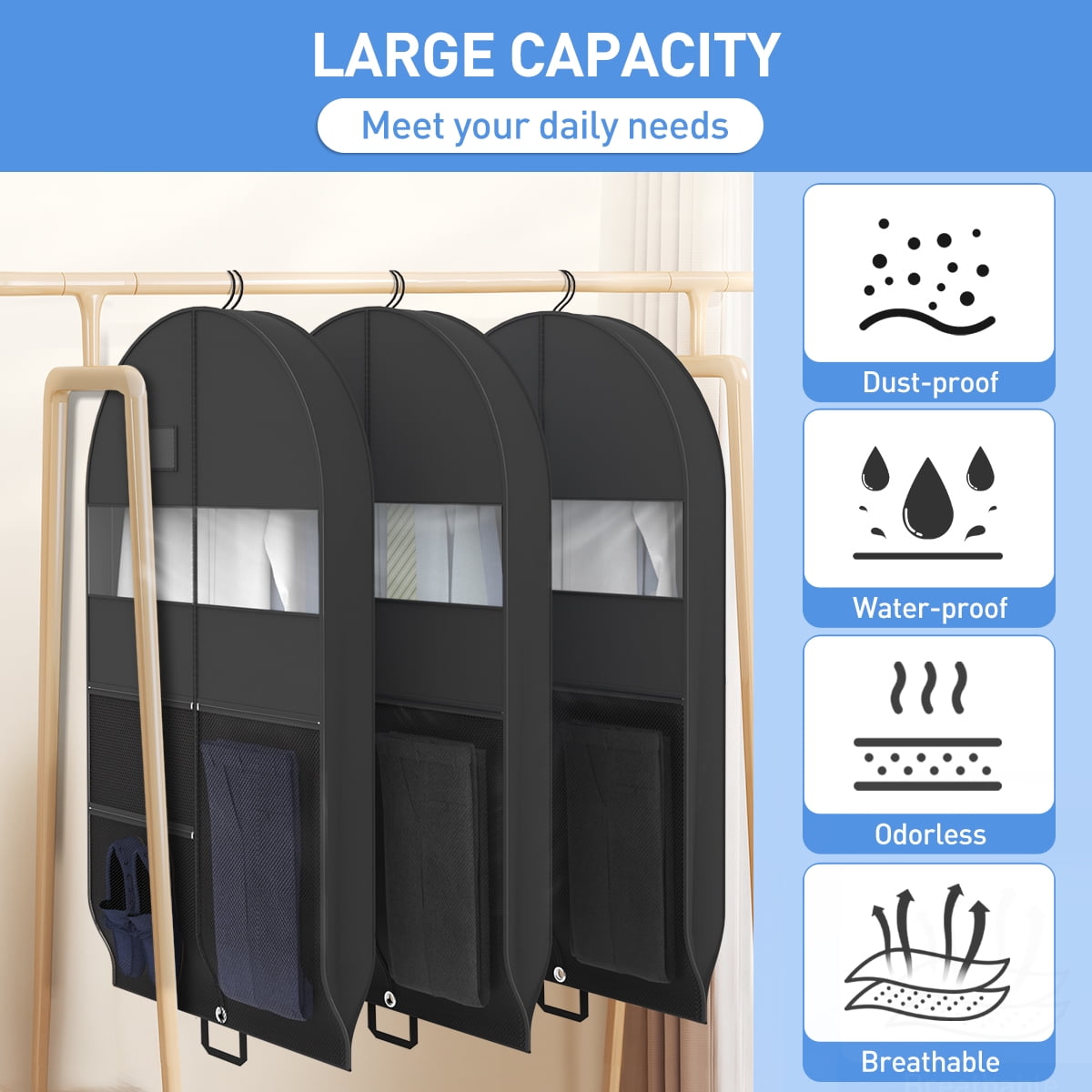 DAKOMM Garment Bag for Travel, Hanging Suit Cover with Pockets, Foldable Water-Resistant Storage for Suits and Dresses (Black, 51 in, 3 Pack) 7jqly