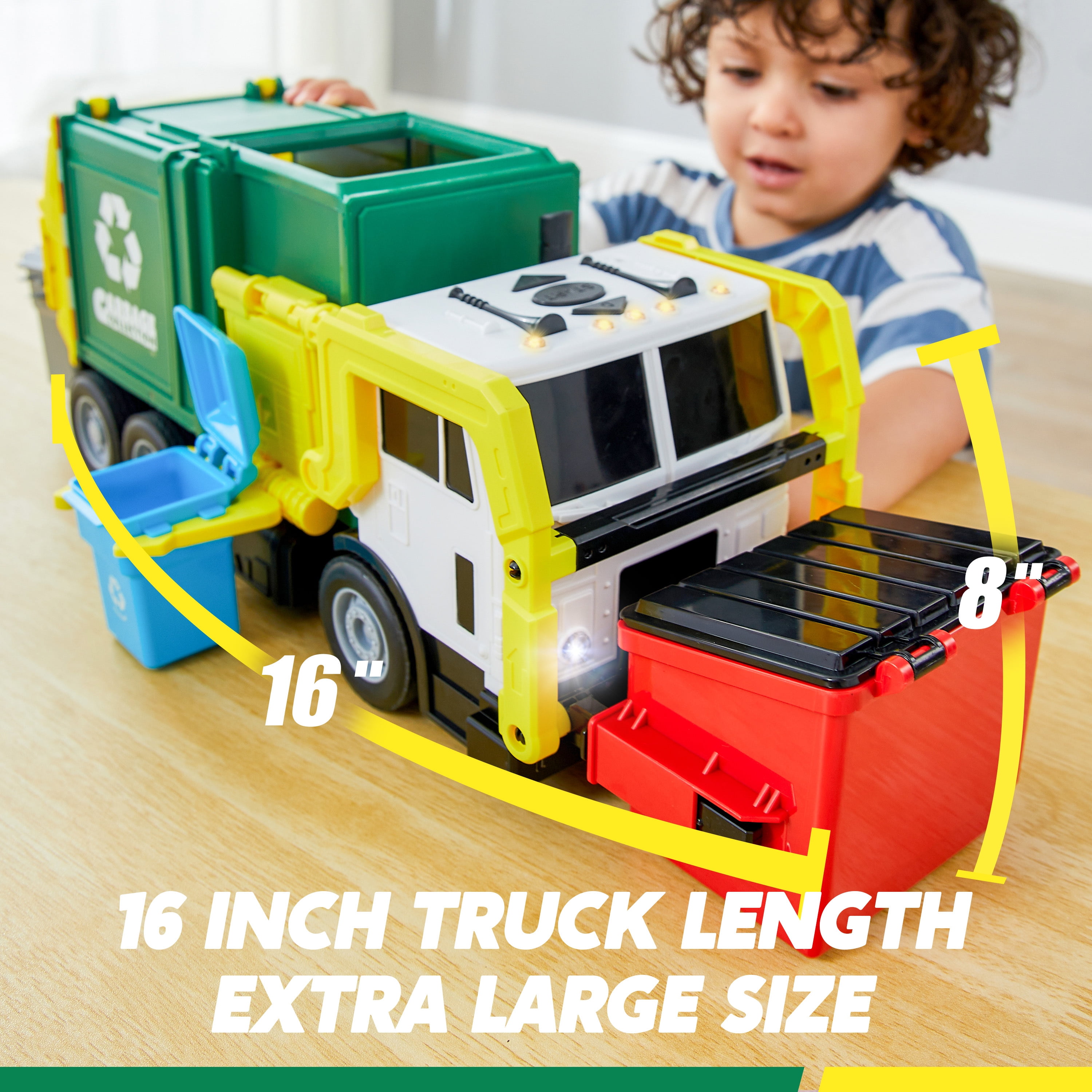 Joyfy Large Garbage Truck Toy with Lights and Sounds, Friction-Powered Recycling Vehicle with Sorting Bins (Green, 16 in) bho32