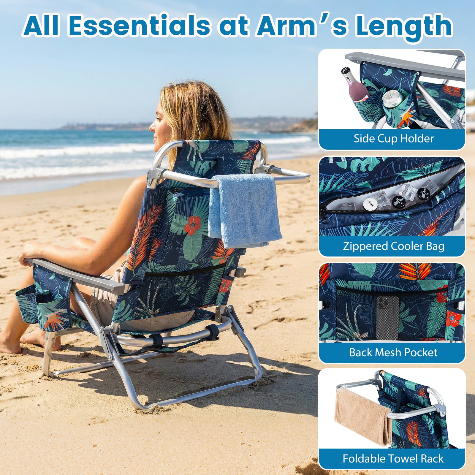 Costway Folding Beach Chairs Set of 2 with 5-Position Adjustable Backrest and Cup Holder (Tropical Leaf, 2 Pack) 1fxak