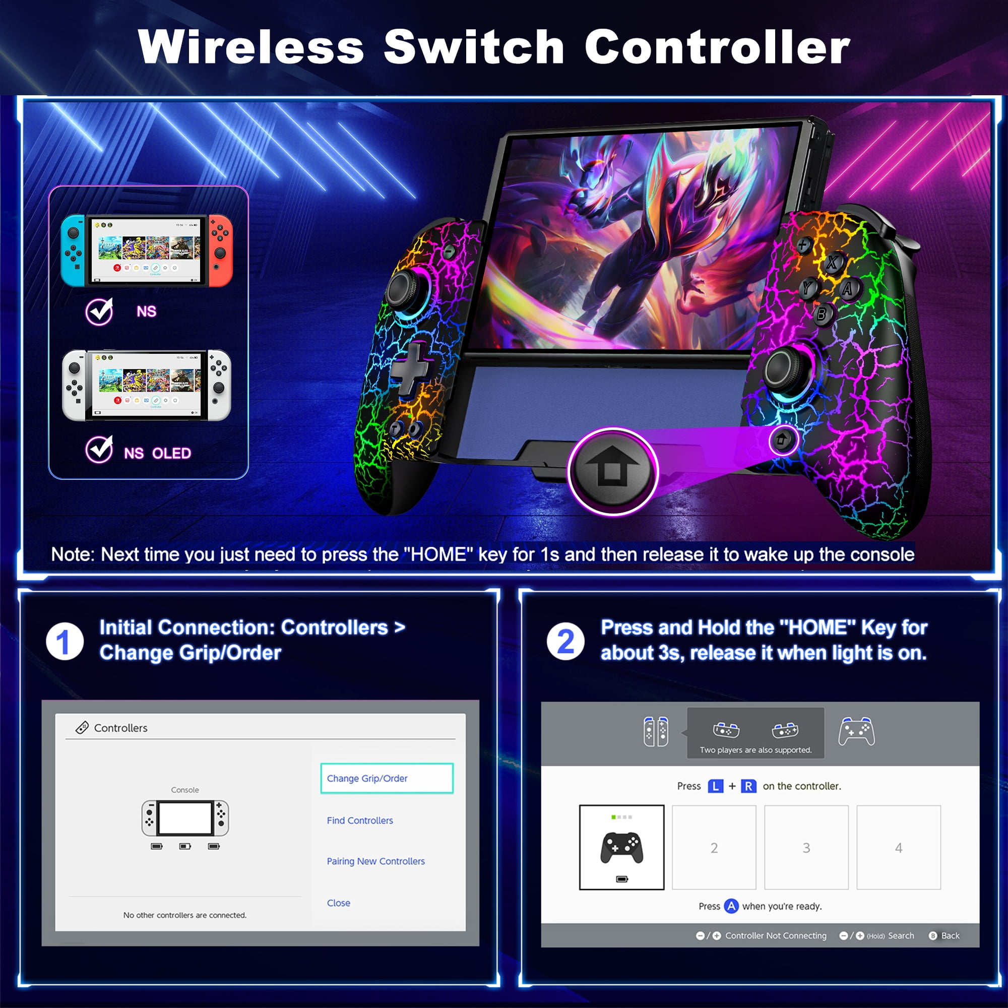 Beboncool Wireless Switch Controller Grip Set with Hall Effect Joysticks and RGB Lighting (Black, 2-Pack) a0g7z
