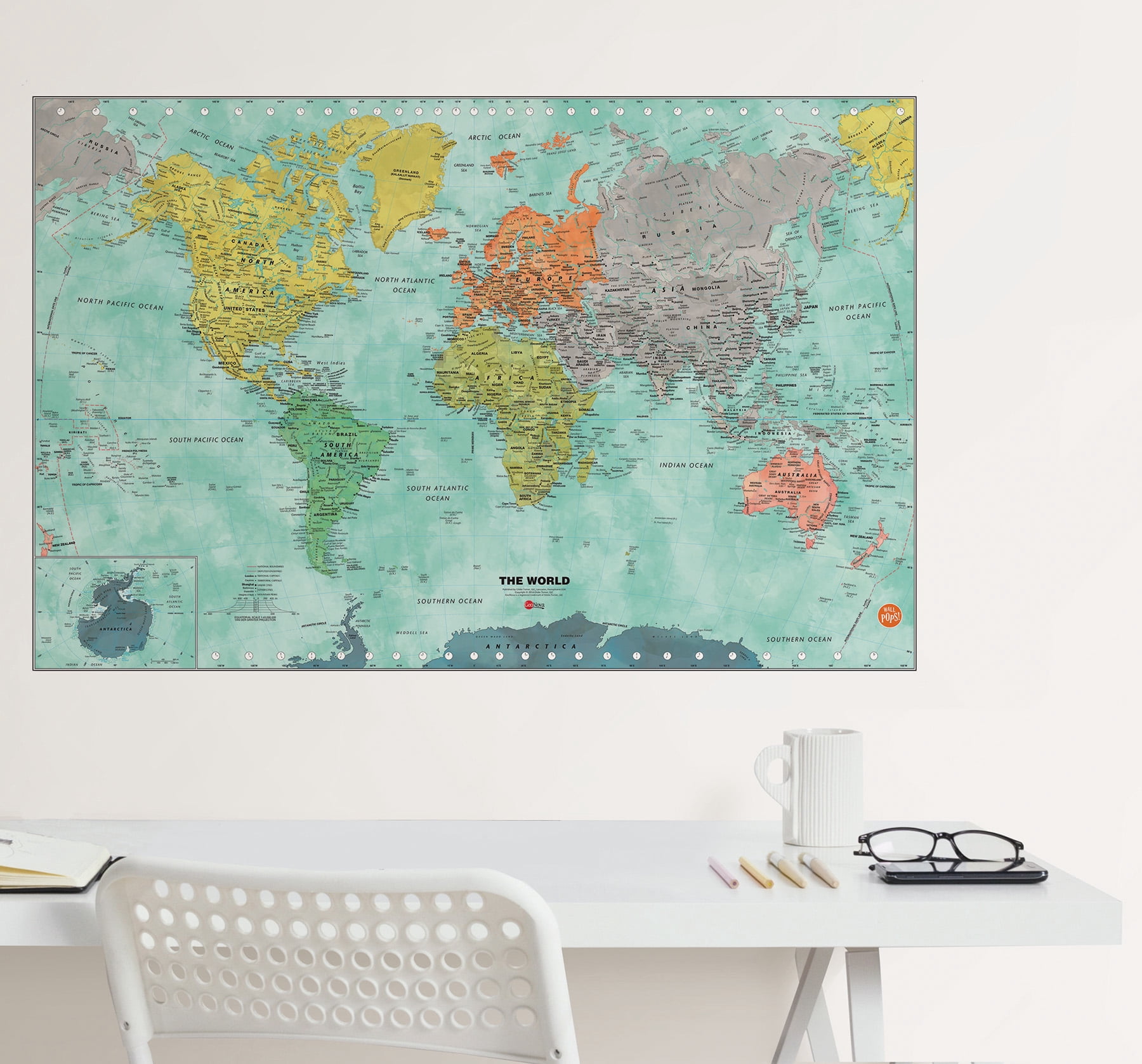 WallPops Aquarelle World Dry Erase Map Wall Decals (Multicolor, 24 in x 36 in) sweja