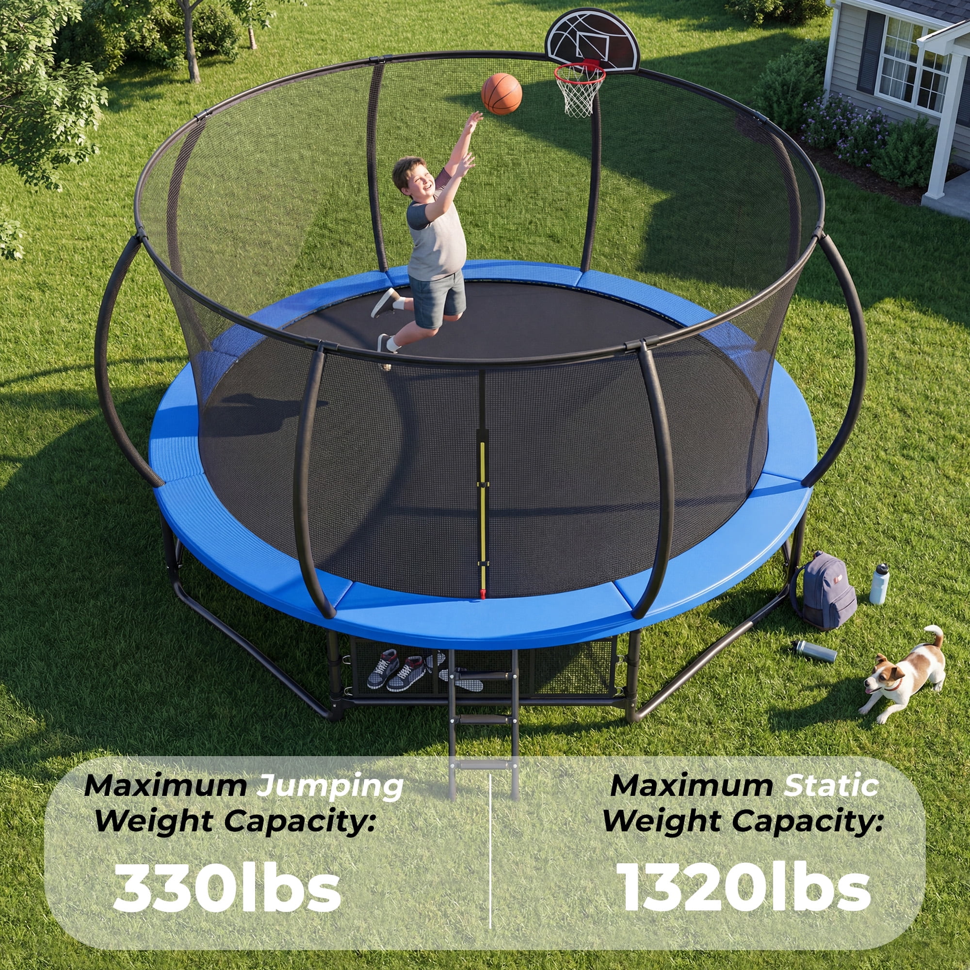 Mersco 14ft Outdoor Trampoline with Enclosure Net, Basketball Hoop, and Storage Bag (Blue, 14 ft) ue87b
