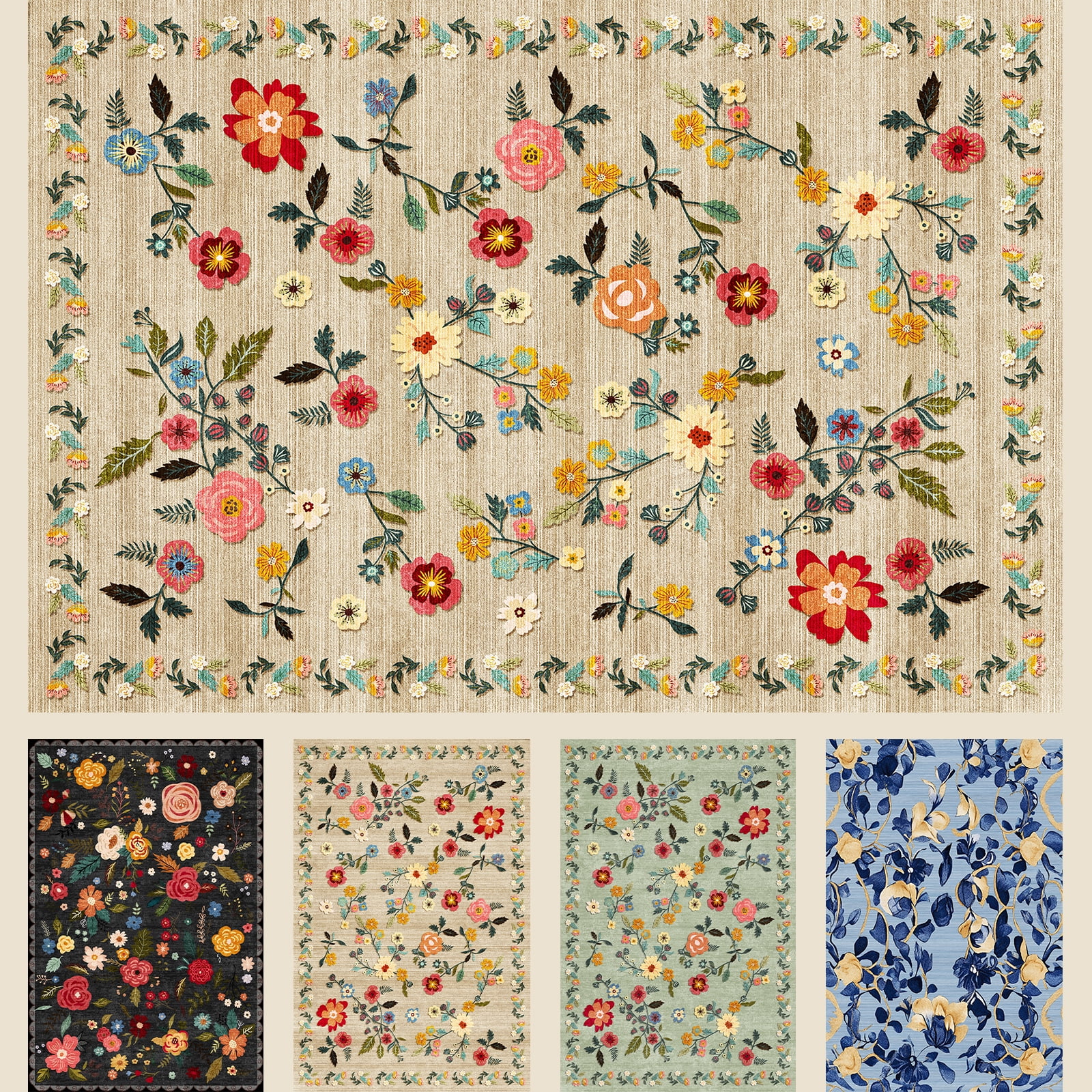 Pentantan Floral Area Rug, Machine Washable Soft Indoor Carpet for Living Room and Bedroom (Beige, 5 ft x 7 ft) xsutb