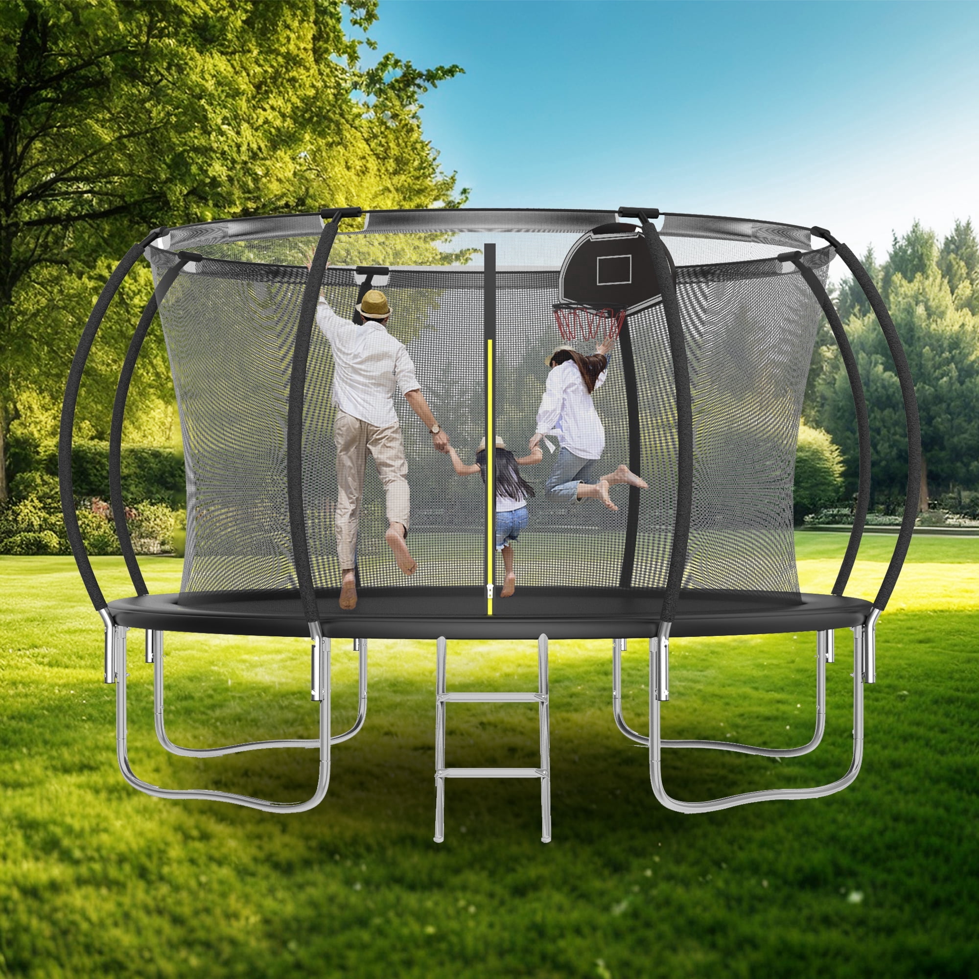 Shengchao Trade 12ft Recreational Trampoline with Safety Enclosure, Basketball Hoop, and Ladder (Black, 1000 lb) ojoir