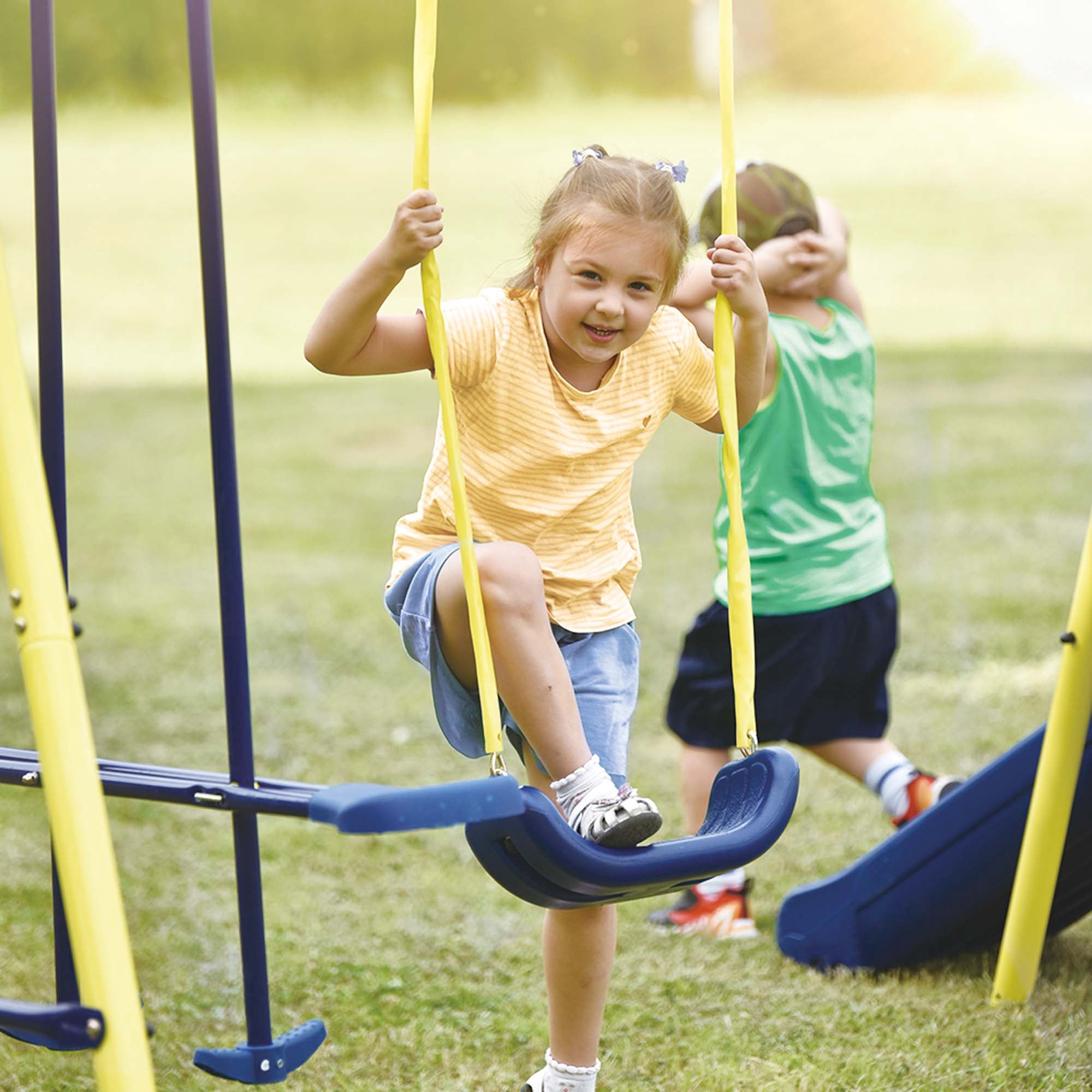 Enyopro 5-in-1 Heavy Duty Backyard Playground Swing Set with Slide, Seesaw, and Basketball Hoop (Yellow) eihpo
