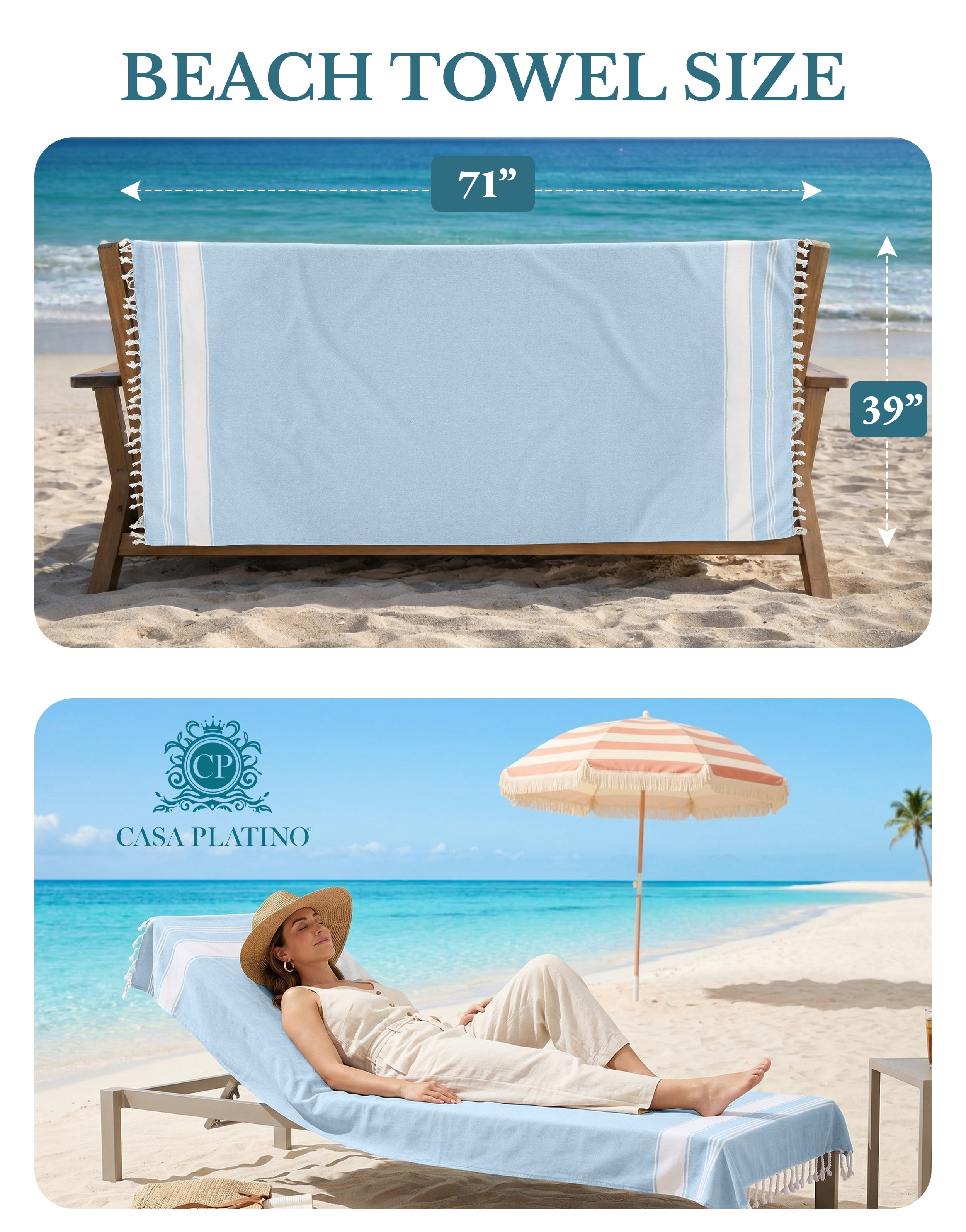 Casa Platino Beach Towels, Lightweight Sand-Free Quick-Dry Cotton Pool Towels (Sky Blue, 39 in x 71 in, 2 Pack) pso1u