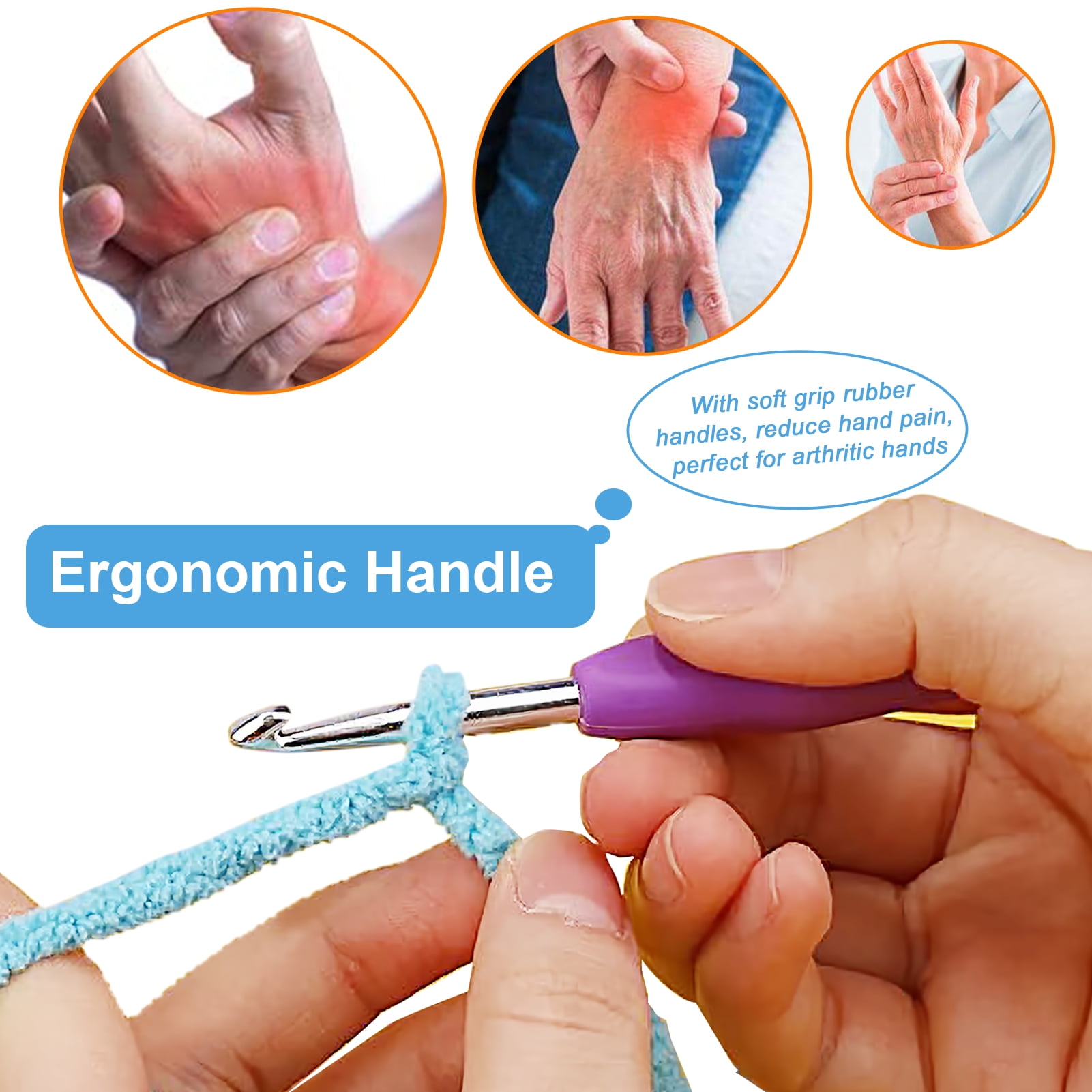 LANNEY Crochet Hooks Set (40 Pieces, Ergonomic Soft Grip Knitting Needles for Arthritic Hands, 0.08 in - 0.39 in) hb0b5