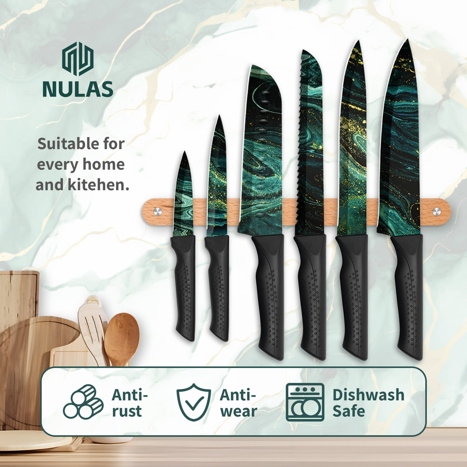 NULAS 6-Piece Kitchen Knife Set with Protective Covers, Stainless Steel Non-Stick Blades (Green, 6-Piece Set) dwj5t