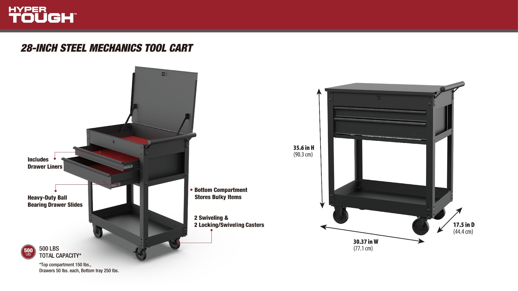 Hyper Tough 28-inch Steel Mechanics Tool Cart (Black, 500 lb Capacity) lttwl