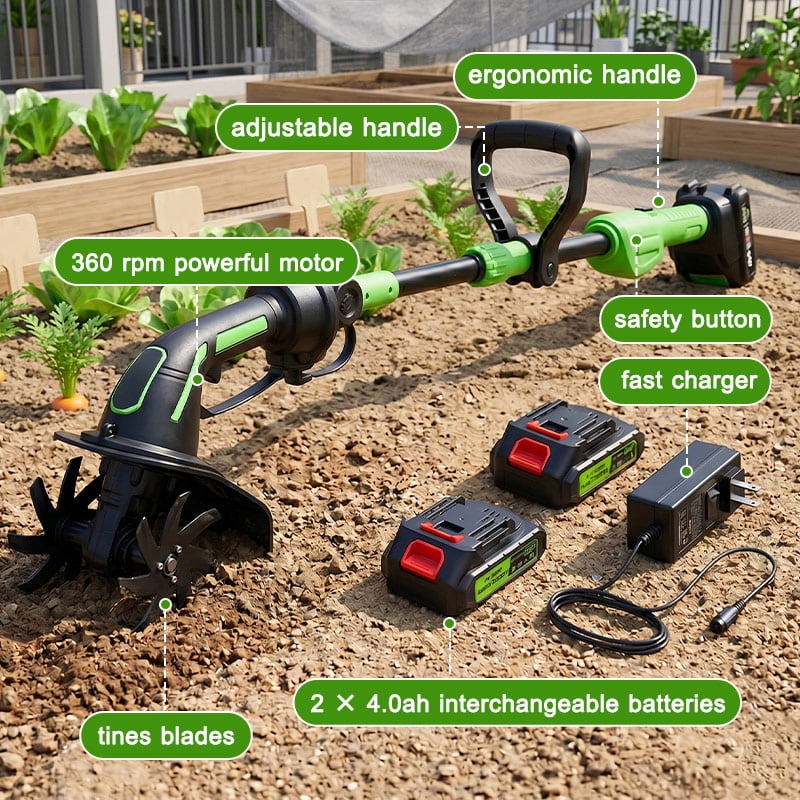 iToolMax 24V Cordless Electric Tiller Cultivator, Lightweight Garden Soil Tiller with Extension Rod, 2 Batteries & Charger (4 in Width, 51 in Length) pt2v9