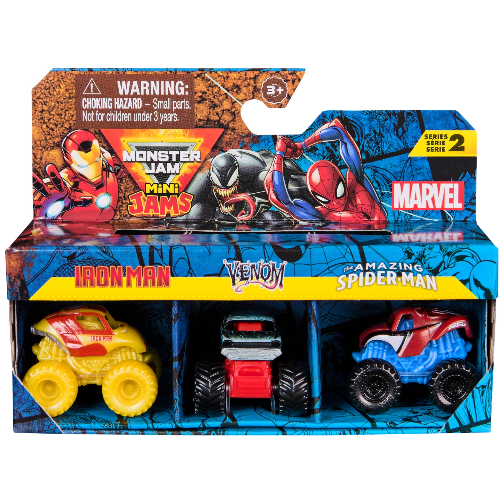 Monster Jam Marvel Mini Die-Cast Monster Truck 3-Pack (Spider-Man, Venom, Iron Man, 3 in) otfug