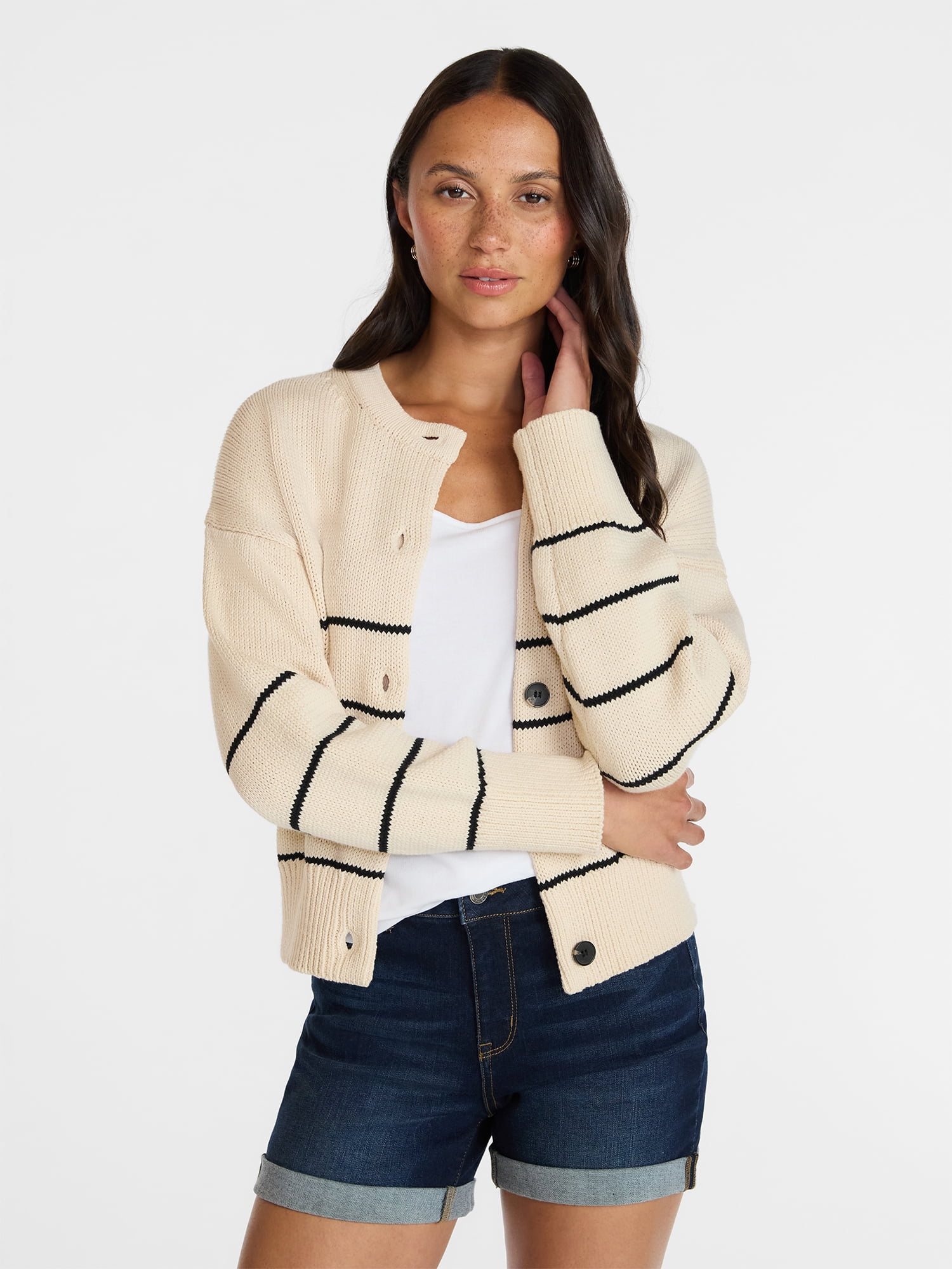 Time and Tru Women's Striped Cardigan Sweater Long Sleeve Crewneck (Beige, XS) rhaya