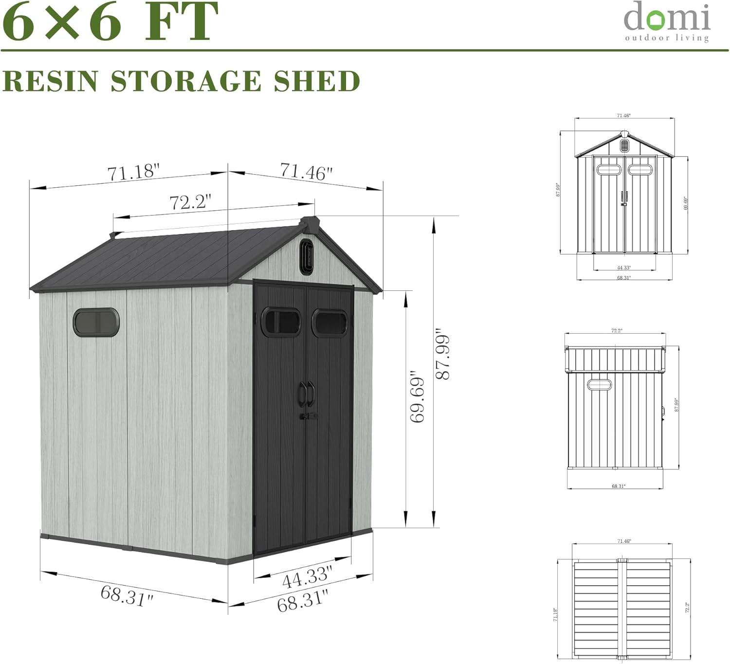 Domi Outdoor Living Resin Storage Shed, Waterproof Garden Tool Shed with Lockable Doors & Vents (Grey, 6 ft x 6 ft) mxycb