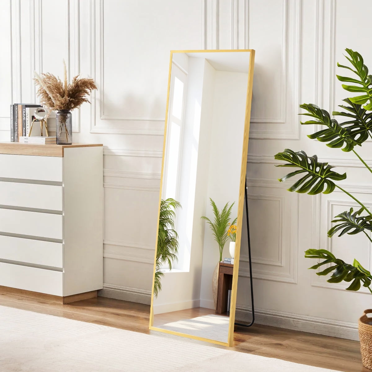 Blorly Full Length Mirror, Arched-Top Floor Mirror with Stand, Freestanding or Wall Mounted Full Body Mirror (Gold, 59 in x 16 in) zqz2q