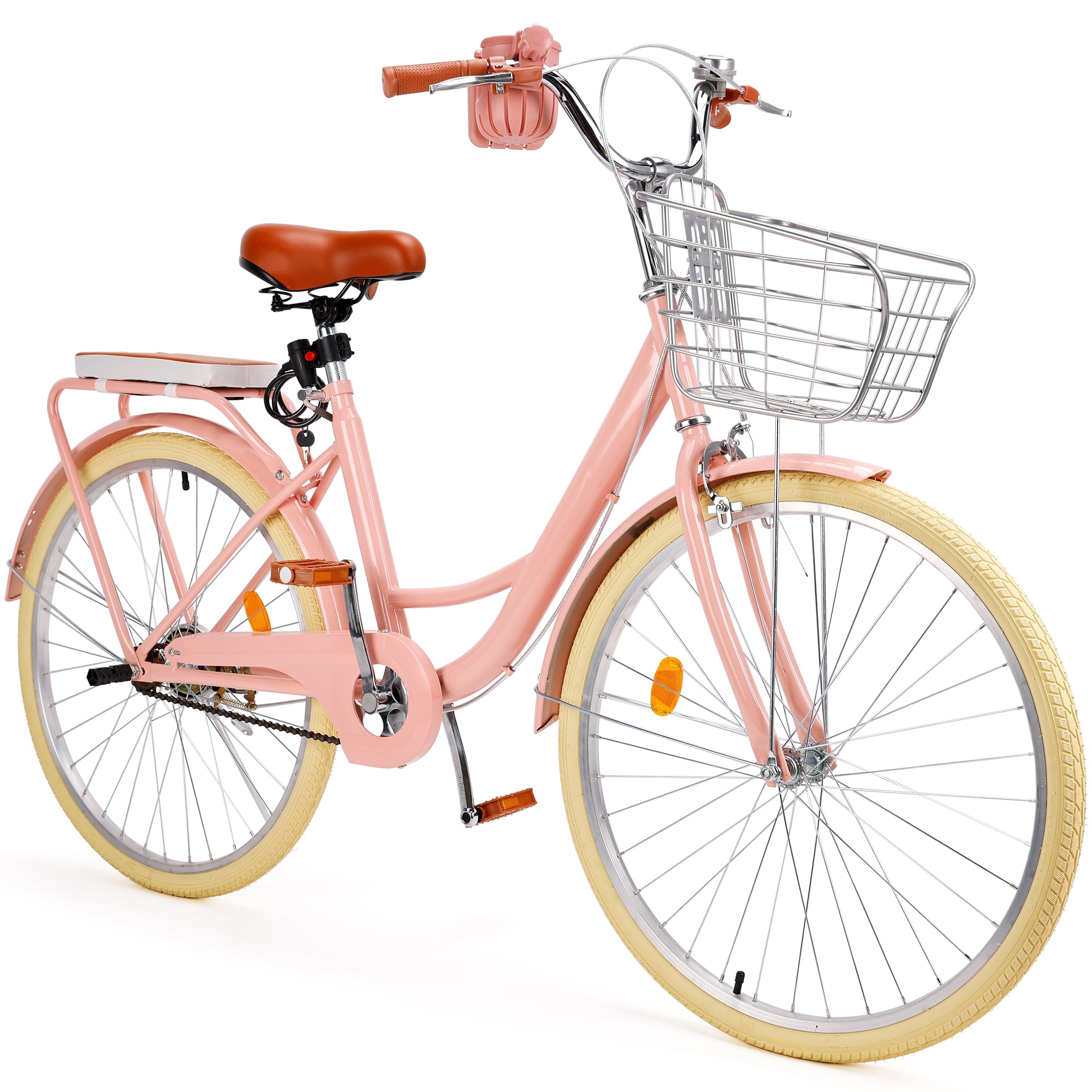 Bruce & Shark 26 inch Commuter Bicycle, City Cruiser Bike with Rear Rack and Basket (Pink) y9894