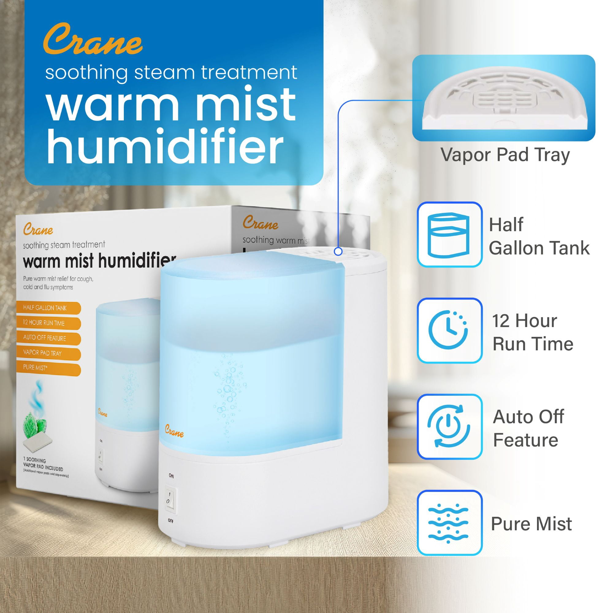 Crane Warm Mist Humidifier, Quiet Ultrasonic Steam Vaporizer for Bedroom and Home (Blue, 0.5 Gallon) h1px3