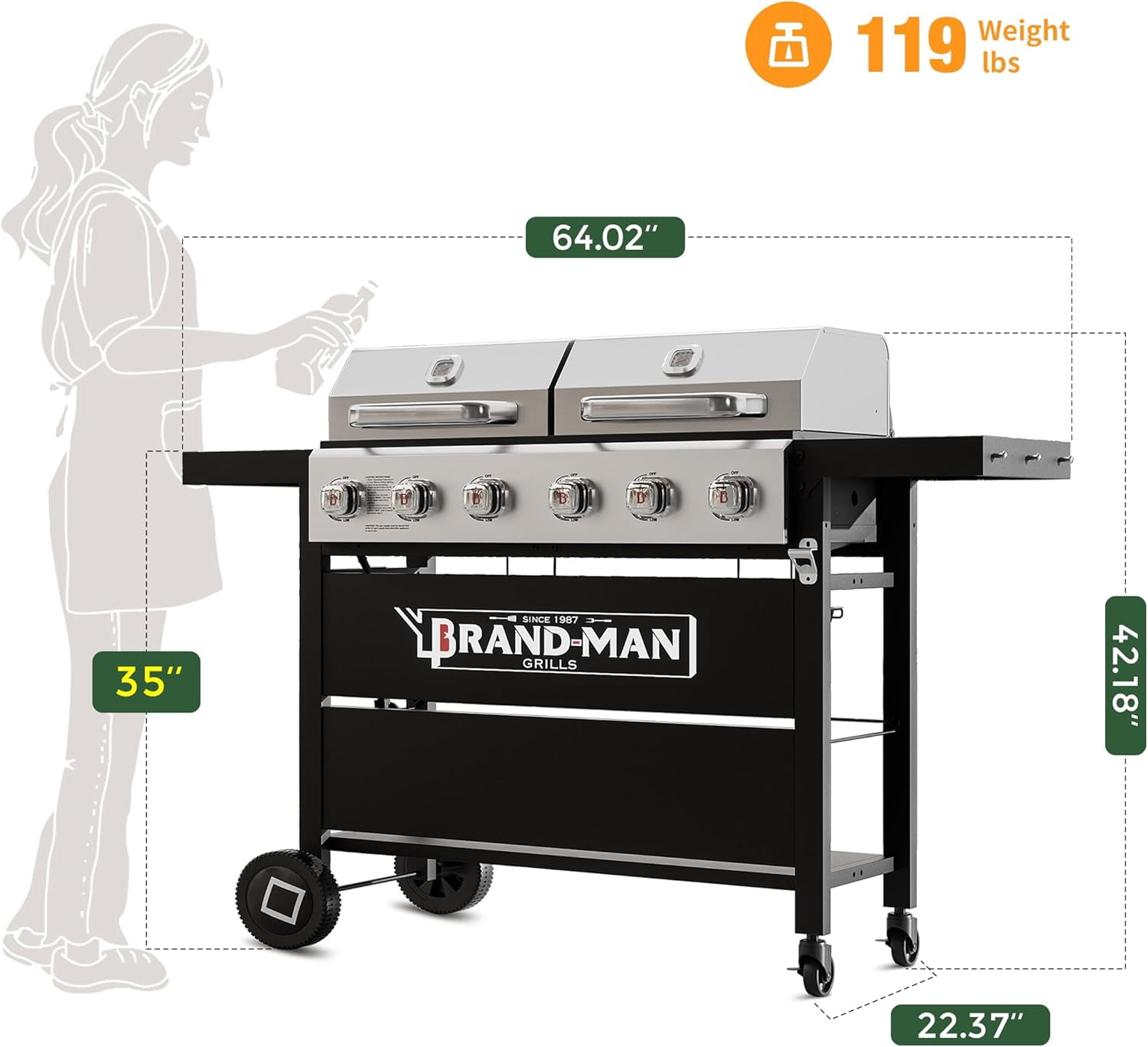 Brand Man 6-Burner Propane Gas Grill and Flat Top Griddle Combo with Stainless Steel Lids (Silver, 60,000 BTU) nh1hn
