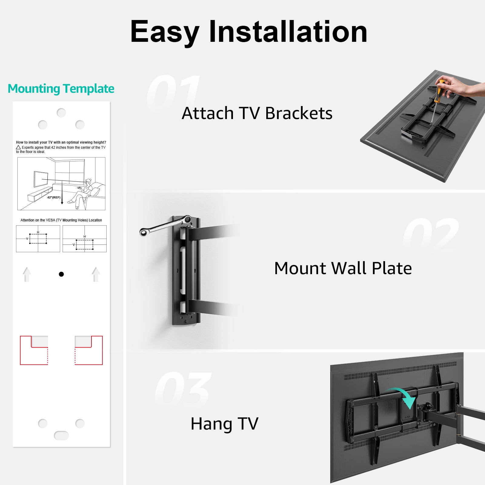 Mount Pro Full Motion TV Wall Mount, Long Arm Articulating Bracket for 42-75 Inch TVs (Black, 99 lb) pbz17