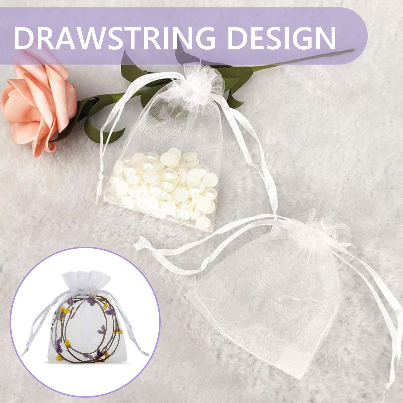 HengBO Sheer Organza Jewelry Pouches with Drawstring for Wedding Party Favors (White, 4 x 6 in, 200 Pack) nywcf