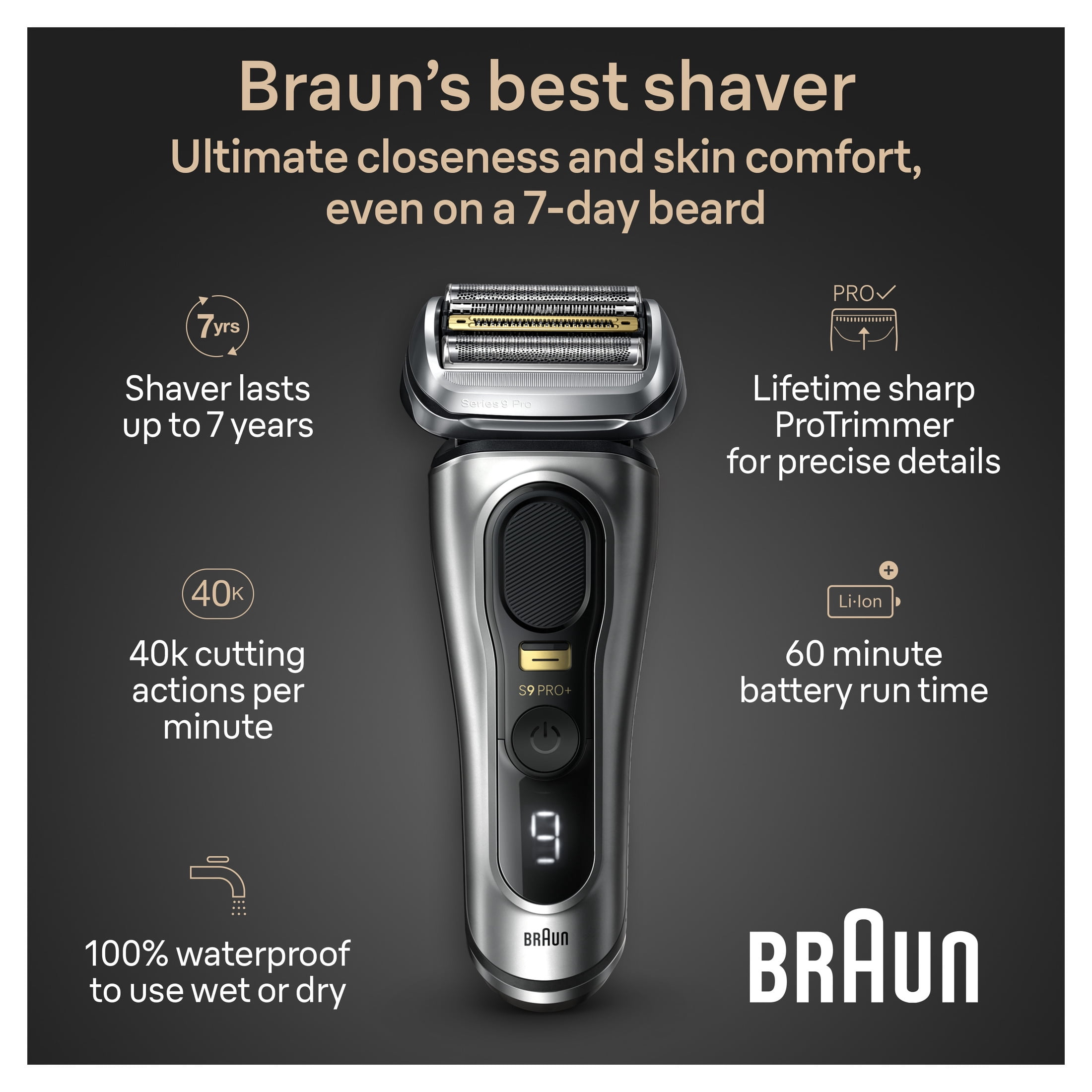 Braun Series 9 PRO+ Electric Shaver with Precision ProTrimmer and Charging Stand (Galvano Silver, 1 Count) i132k
