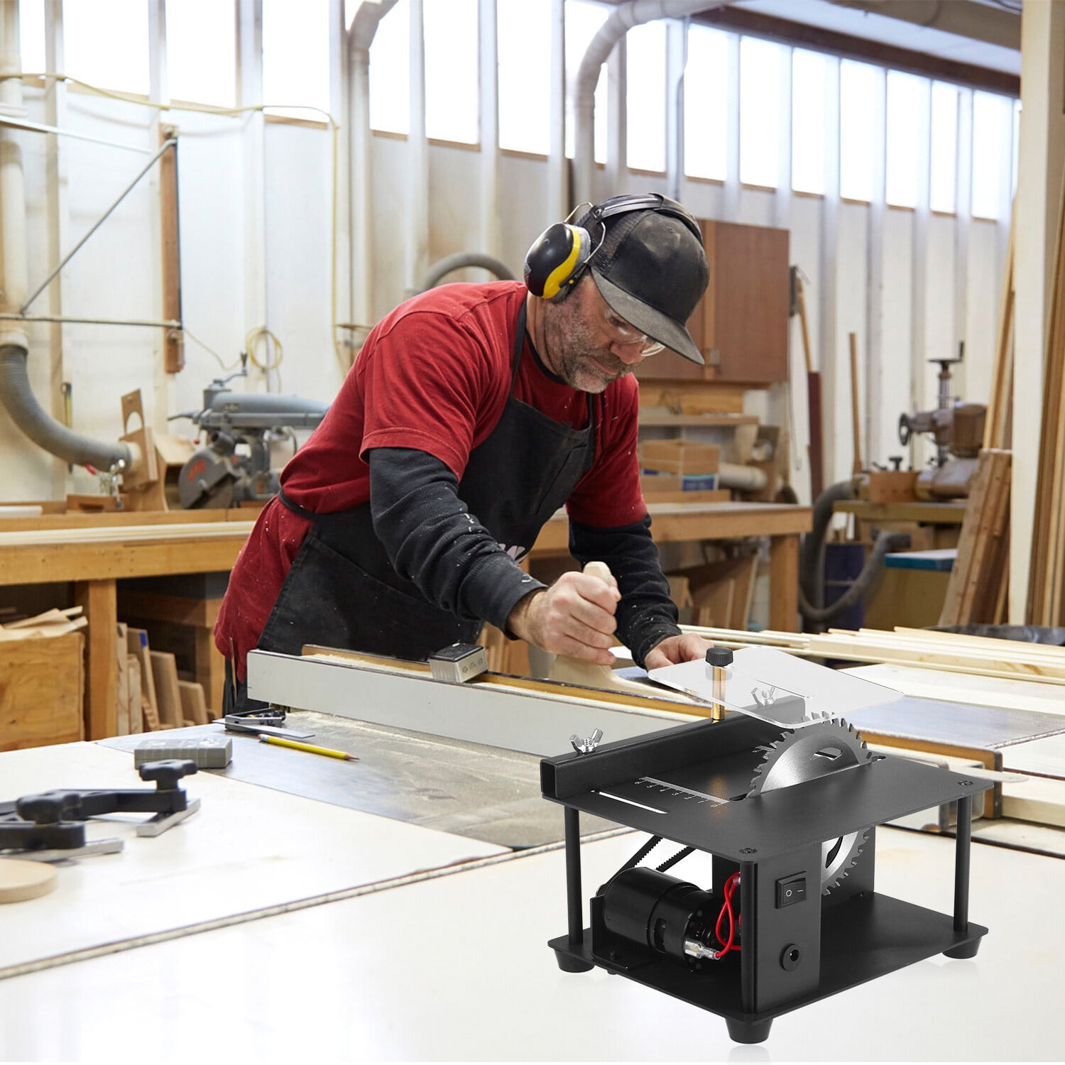 Cacagoo Mini Table Saw 200W Electric Woodworking Tool with Adjustable Speed and 1.38 in Cutting Depth (Black, 7.48 x 6.49 x 3.93 in) ukluu