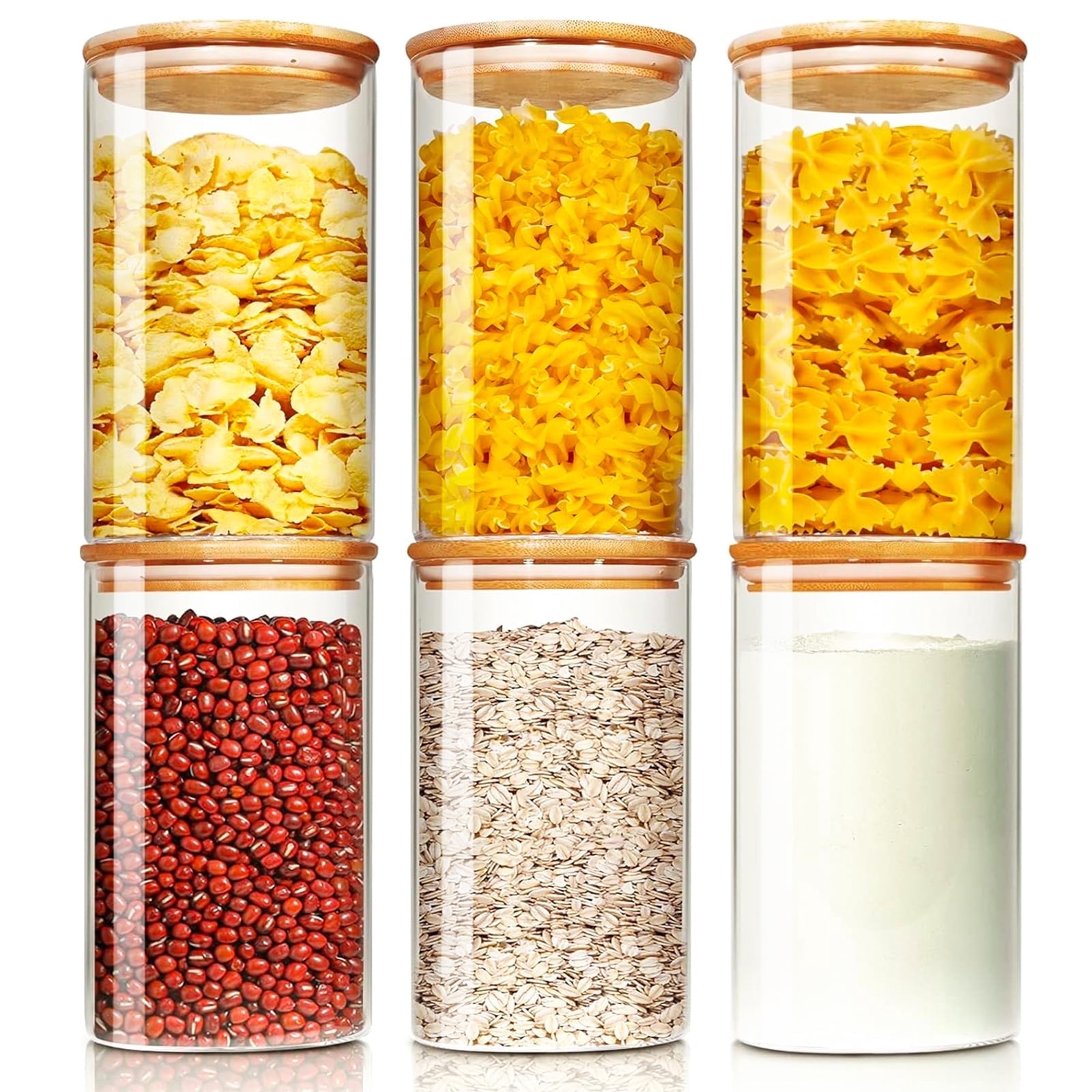 Foukus Glass Food Storage Containers with Bamboo Lids, Airtight Pantry Organizer for Dry Goods (Clear, 6 Pack, 25 oz) 4jhnn
