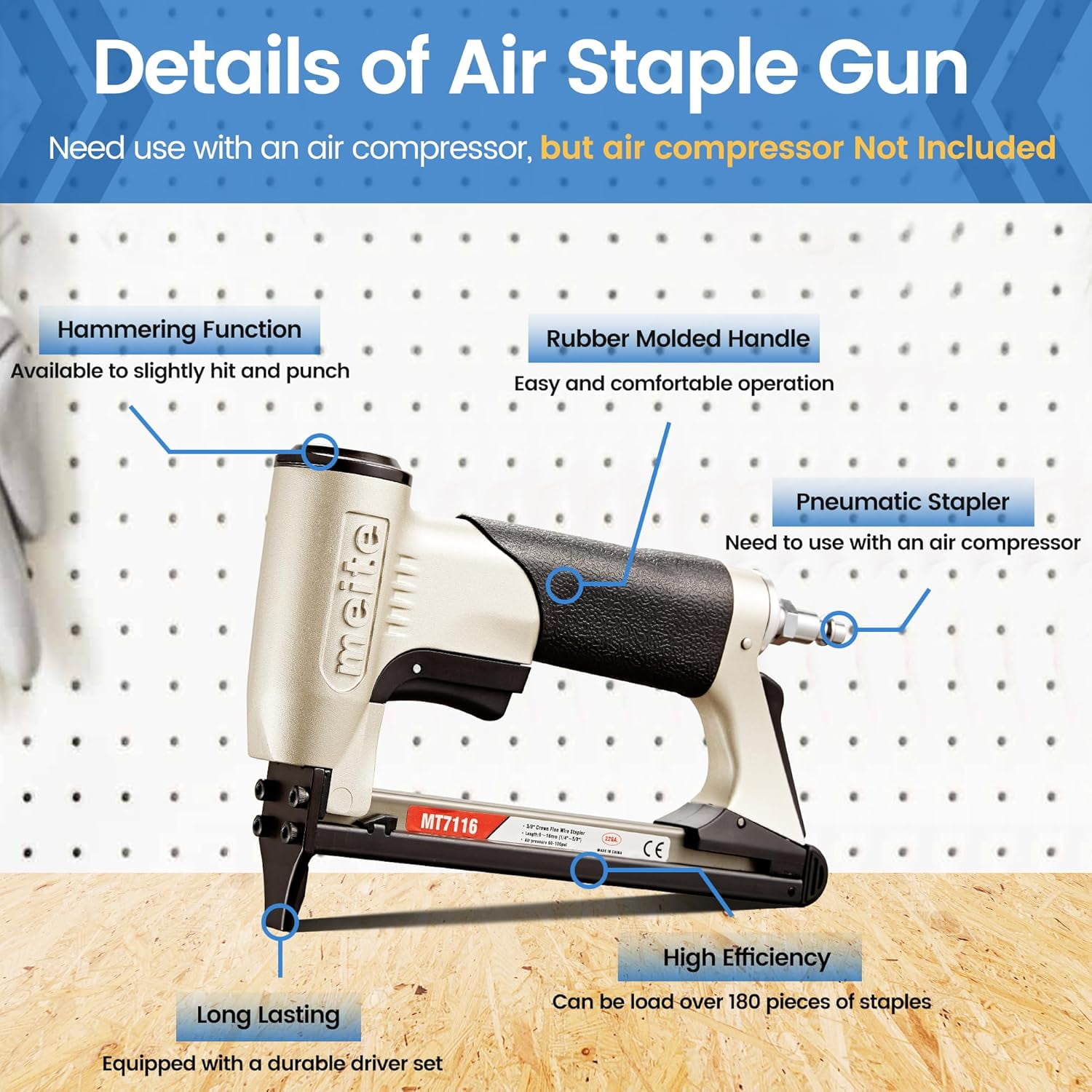 MEITE MT7116 Pneumatic Upholstery Staple Gun (22 Gauge, 3/8 in Crown, 1/4 in to 5/8 in Length) s4jjf