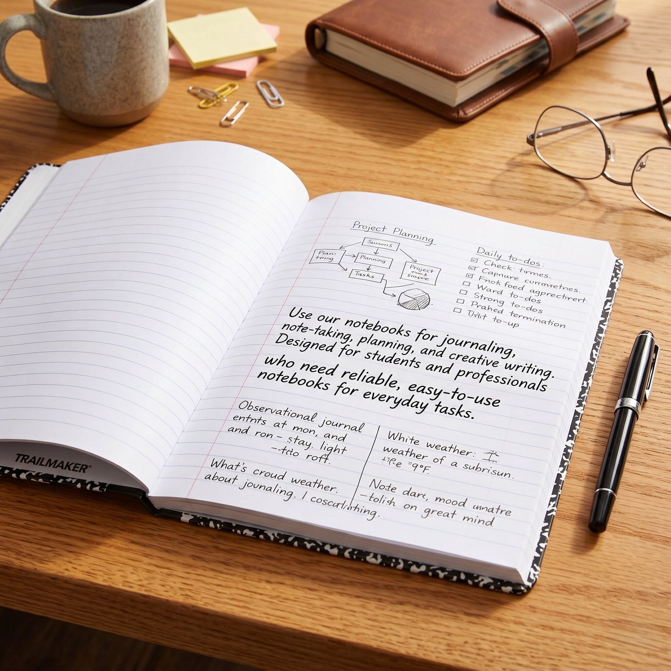 Trailmaker Wide Ruled Composition Notebooks, Durable Hardcover Journal for School and Office (Black, 50 Pack, 9.75 in x 7.5 in) 5hbjc
