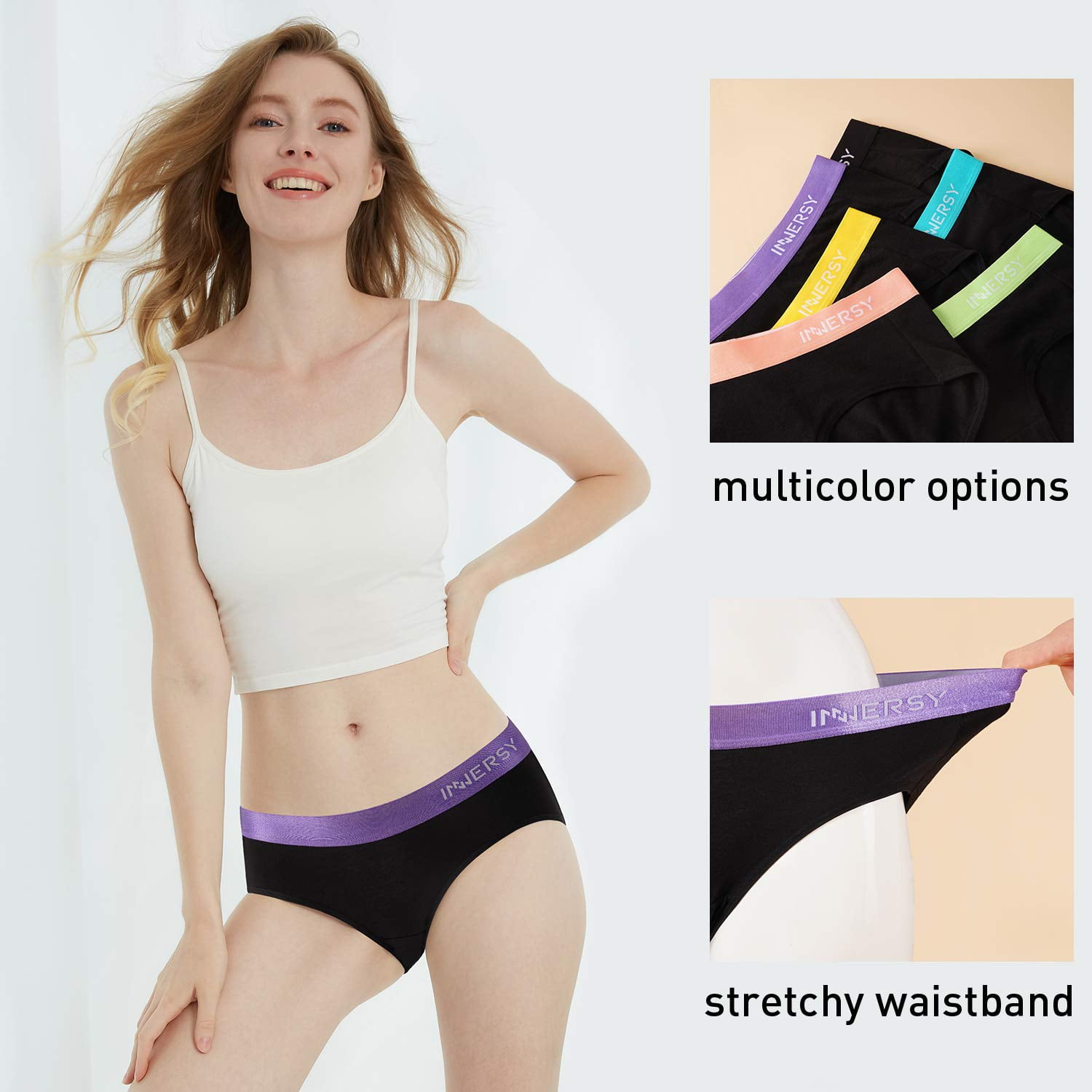 INNERSY Women's Cotton Hipster Panties Sport Underwear (Black, Large, 6-Pack) sq91b