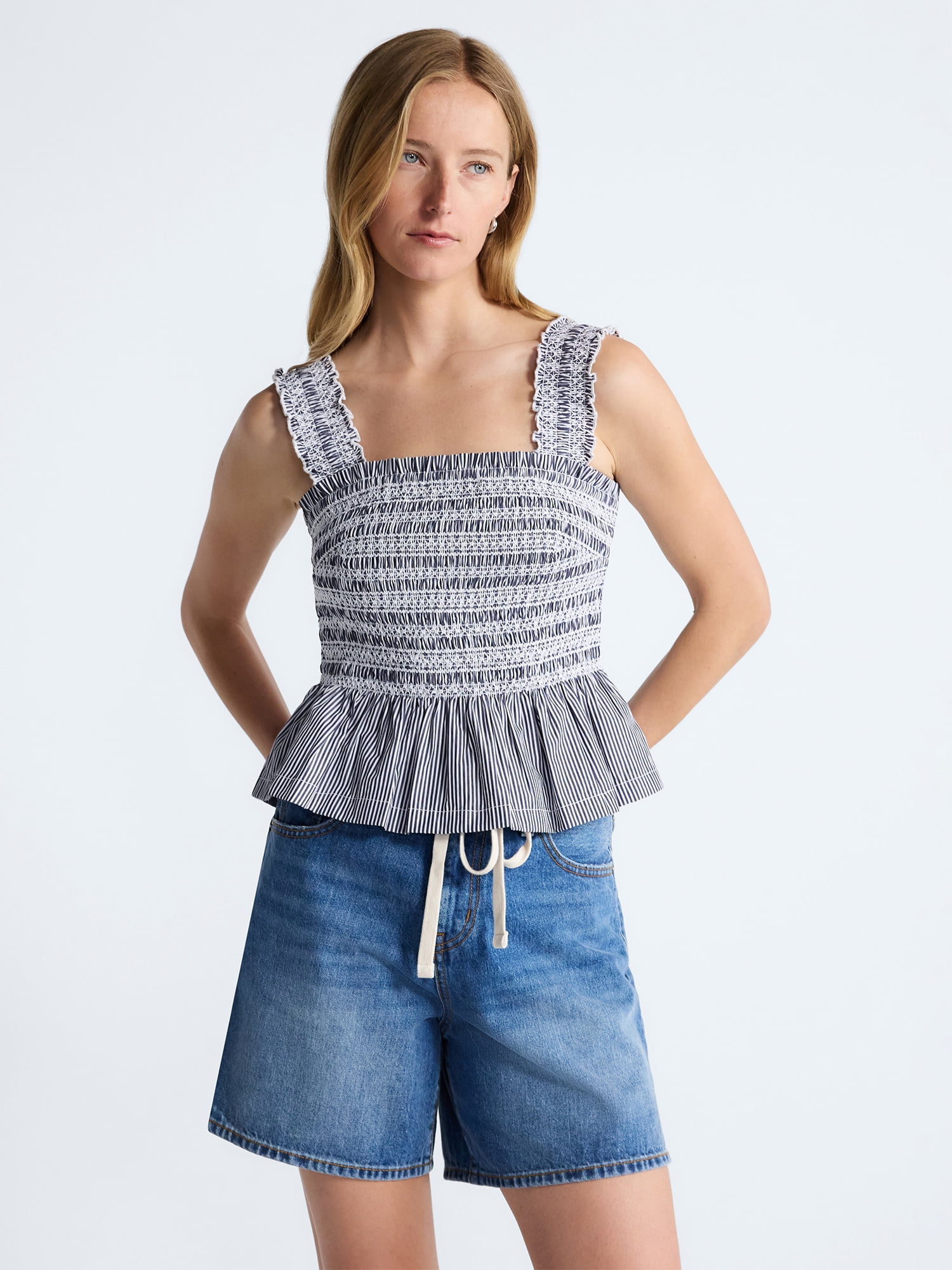 Free Assembly Women's Smocked Cotton Tank Top with Peplum Hem (Striped, XS-4X) vv5k1