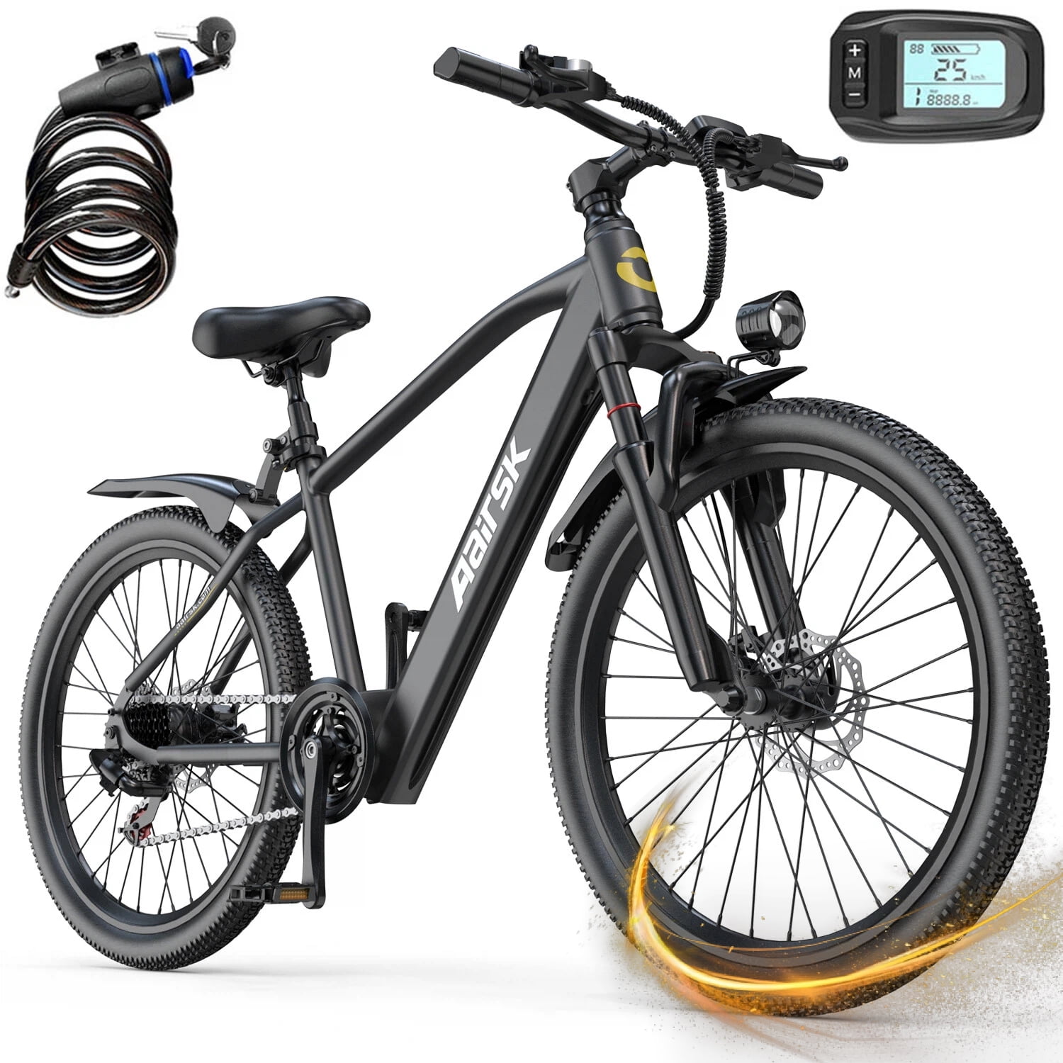 Aairsk GT300 Adult Electric Bike, 400W Motor with 7-Speed Drivetrain, Commuter E-Bike (Black, 24 in) 74c8k