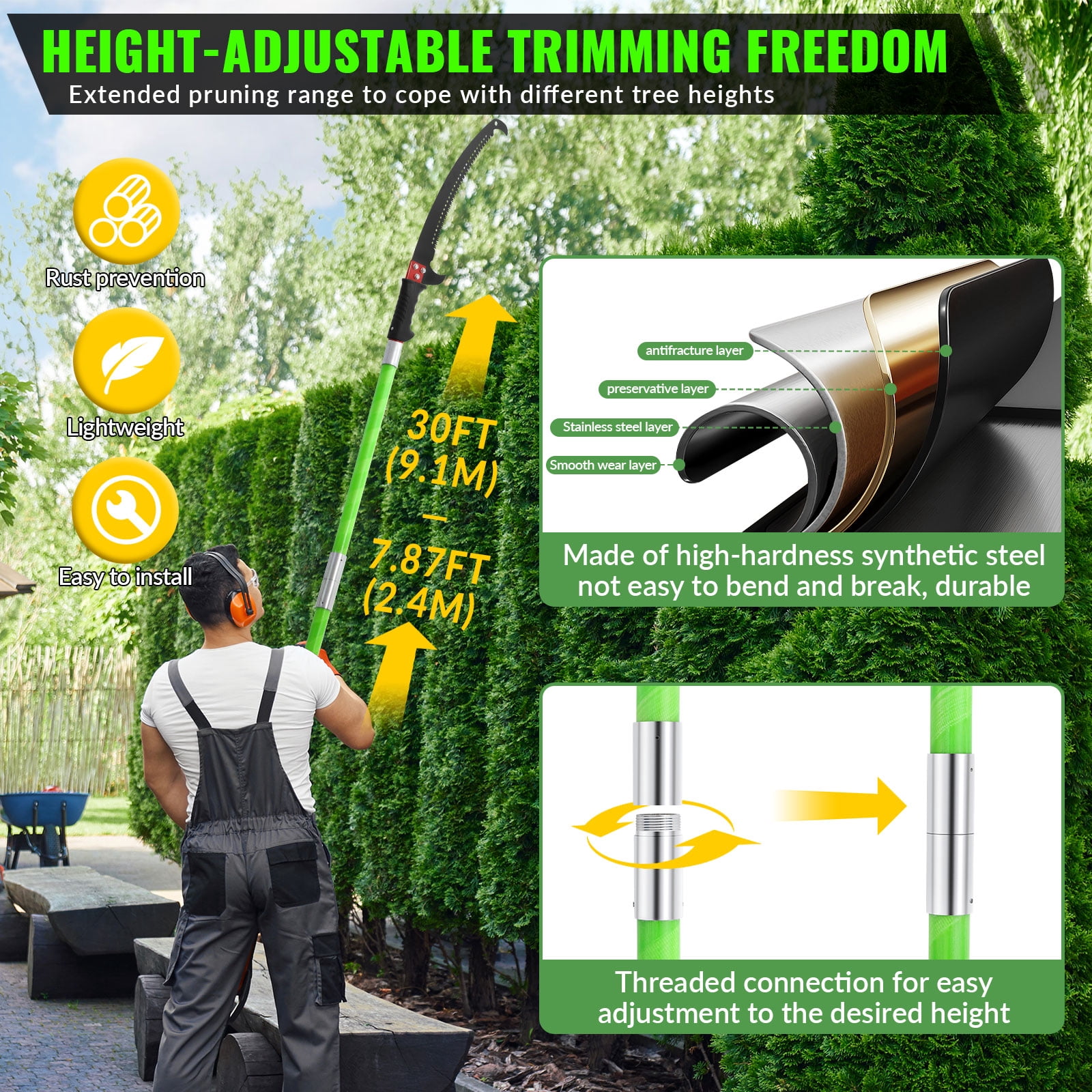 DWALE Extendable Tree Pole Pruner Manual Branch Trimmer with Saw Blade (30 ft) 4fog0 - Image 5