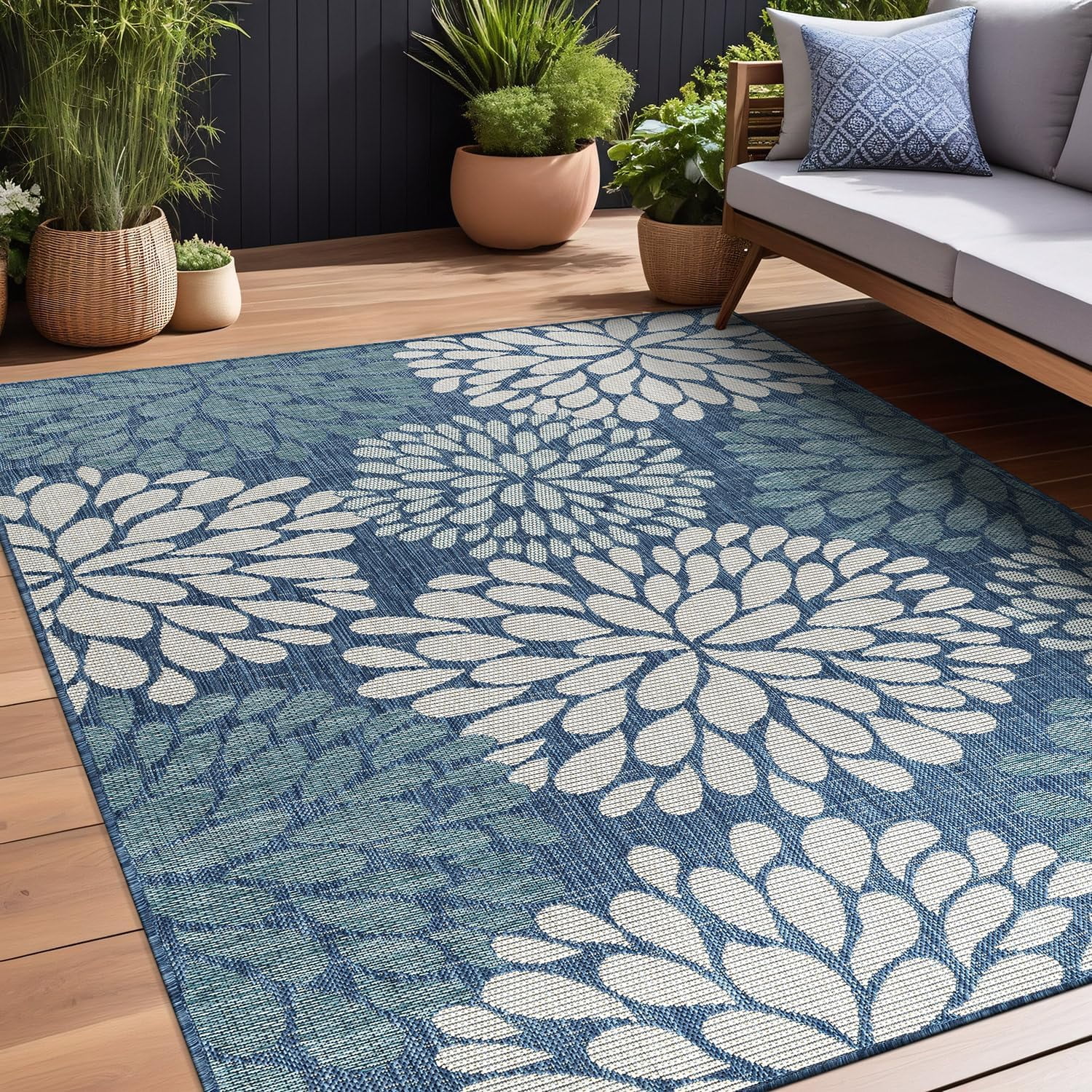 Beverly Rug Modern Floral Indoor Outdoor Area Rug (Blue, 5 ft x 7 ft) zy35d