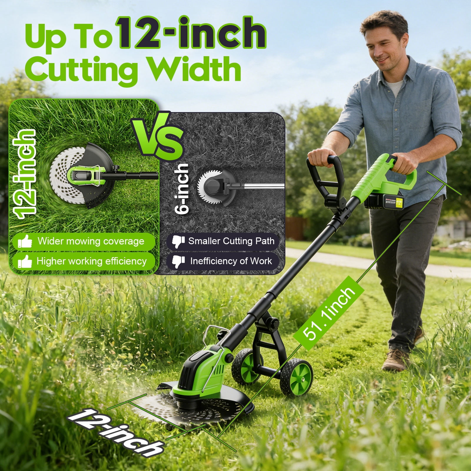 Fovendi Electric Weed Eater, 4-in-1 Cordless Grass Trimmer and Brush Cutter with Wheeled Support (Green, 12 in) 7q6mq