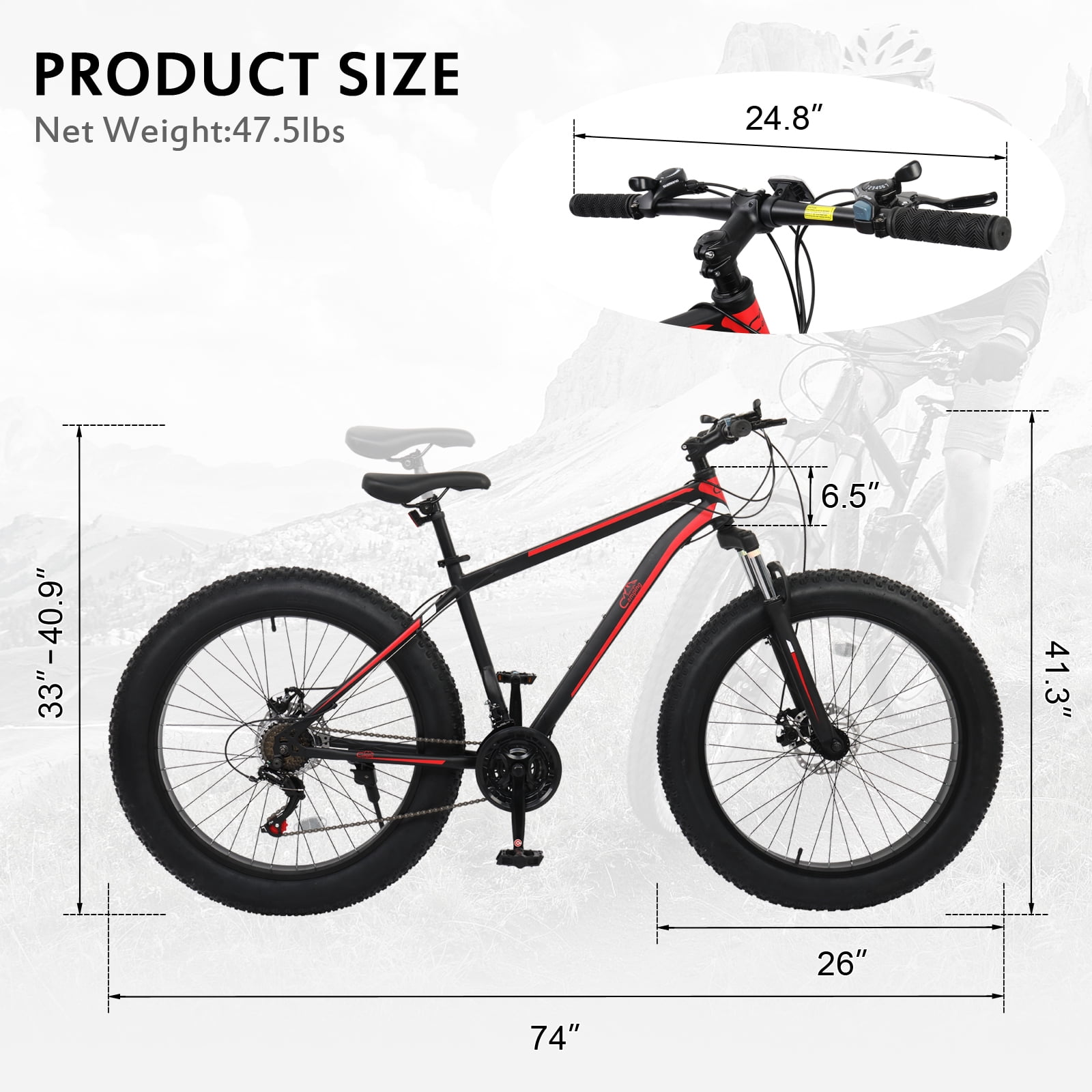 Camping Survival 26in Fat Tire Mountain Bike, 21-Speed Shimano Drivetrain, High Carbon Steel Frame (Red/Black, 26 in) o2xjj