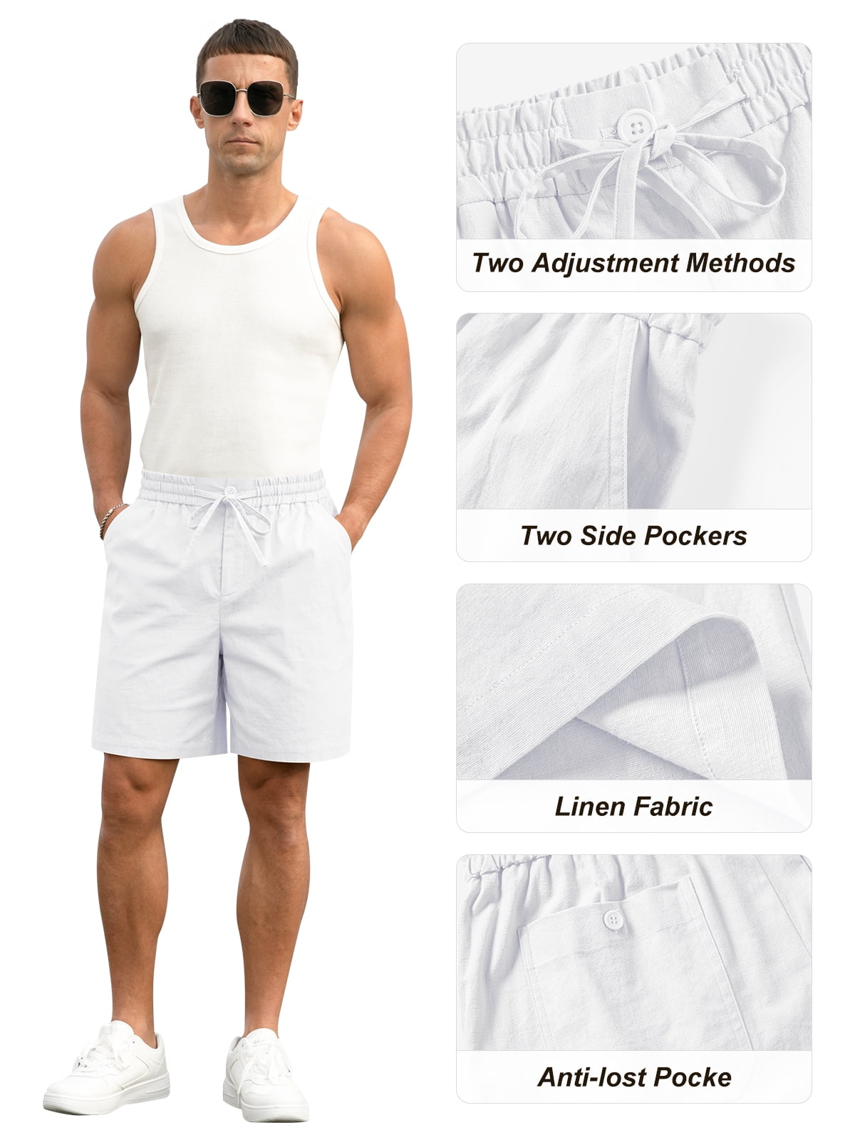 Iceglad Mens Cotton Linen Shorts Casual Summer Beach Drawstring Shorts (White, Large) eqllz