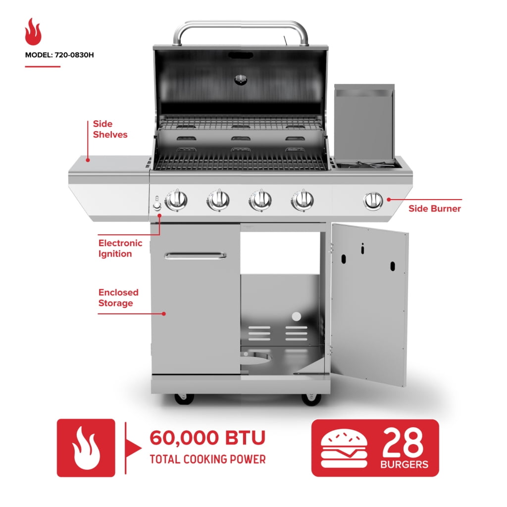 Nexgrill 4-Burner Propane Gas Grill with Side Burner, Stainless Steel Outdoor BBQ Grill (Silver, 626 sq in) 660uv