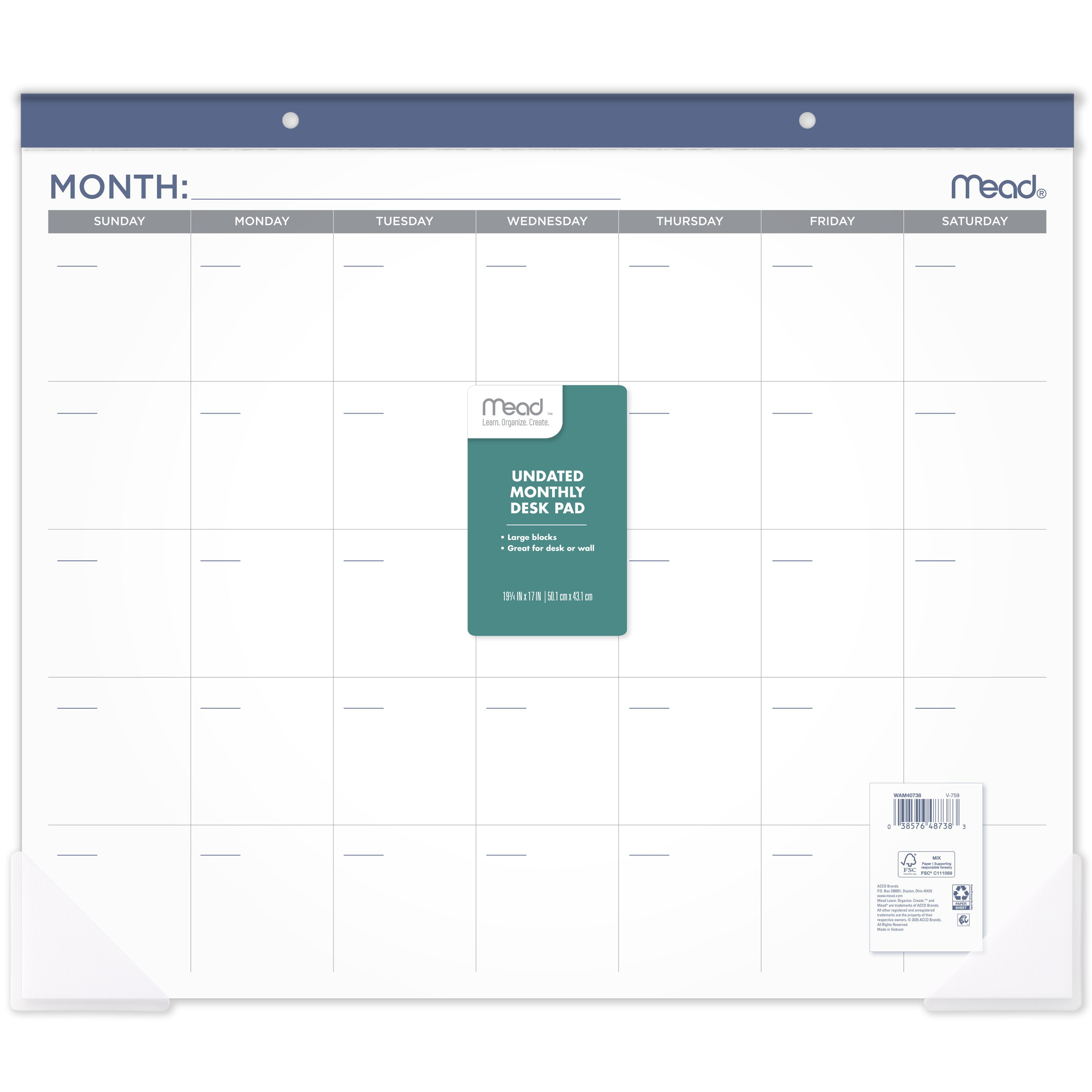 Mead Core Undated 15-Month Planning Desk Pad Calendar with Perforated Pages and Poly Corners (White, 21.75 x 17 in) xhne3