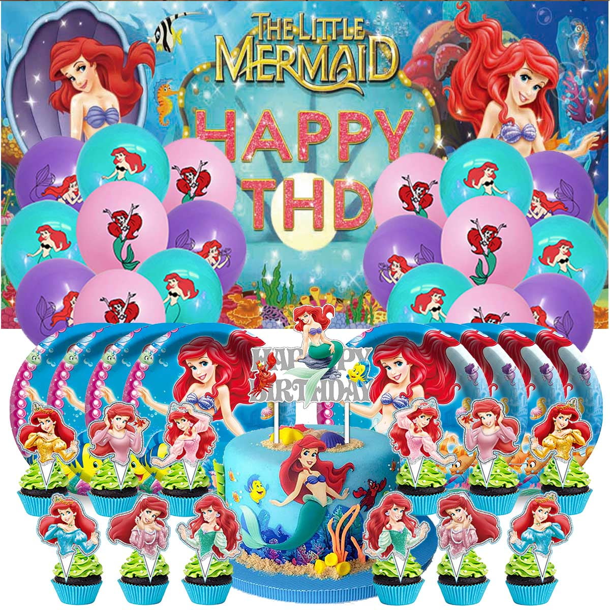 XYUJUNTAN Mermaid Birthday Party Supplies Set with Backdrop, Plates, and Cake Toppers (1 Set) 9nrjc
