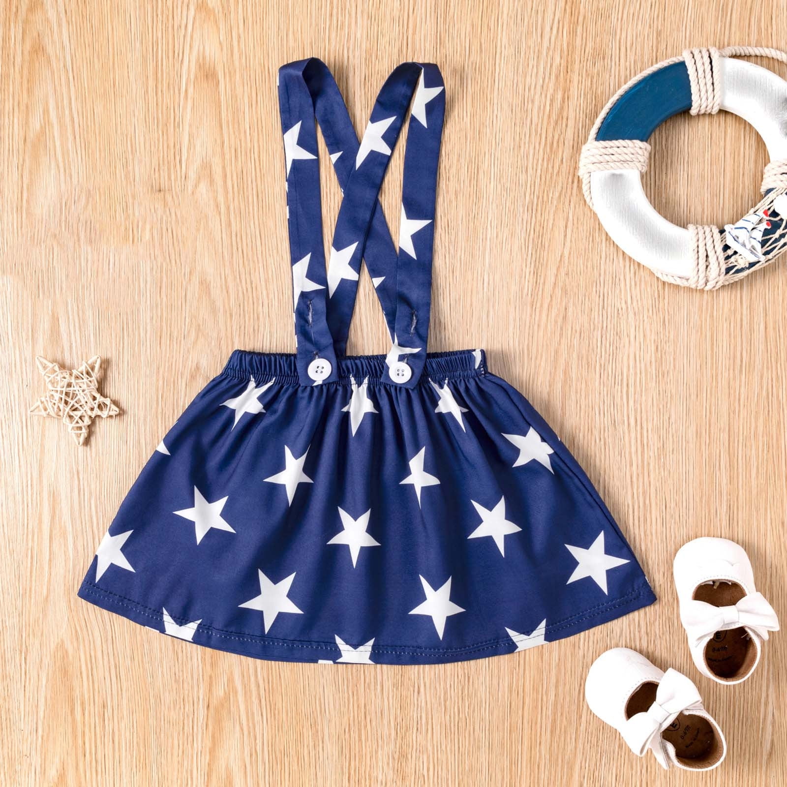 ATOGUTA Toddler Girls 4th of July Outfit Ruffle Sleeve T-Shirt and Suspender Dress Set (White, 3T) fv3hg