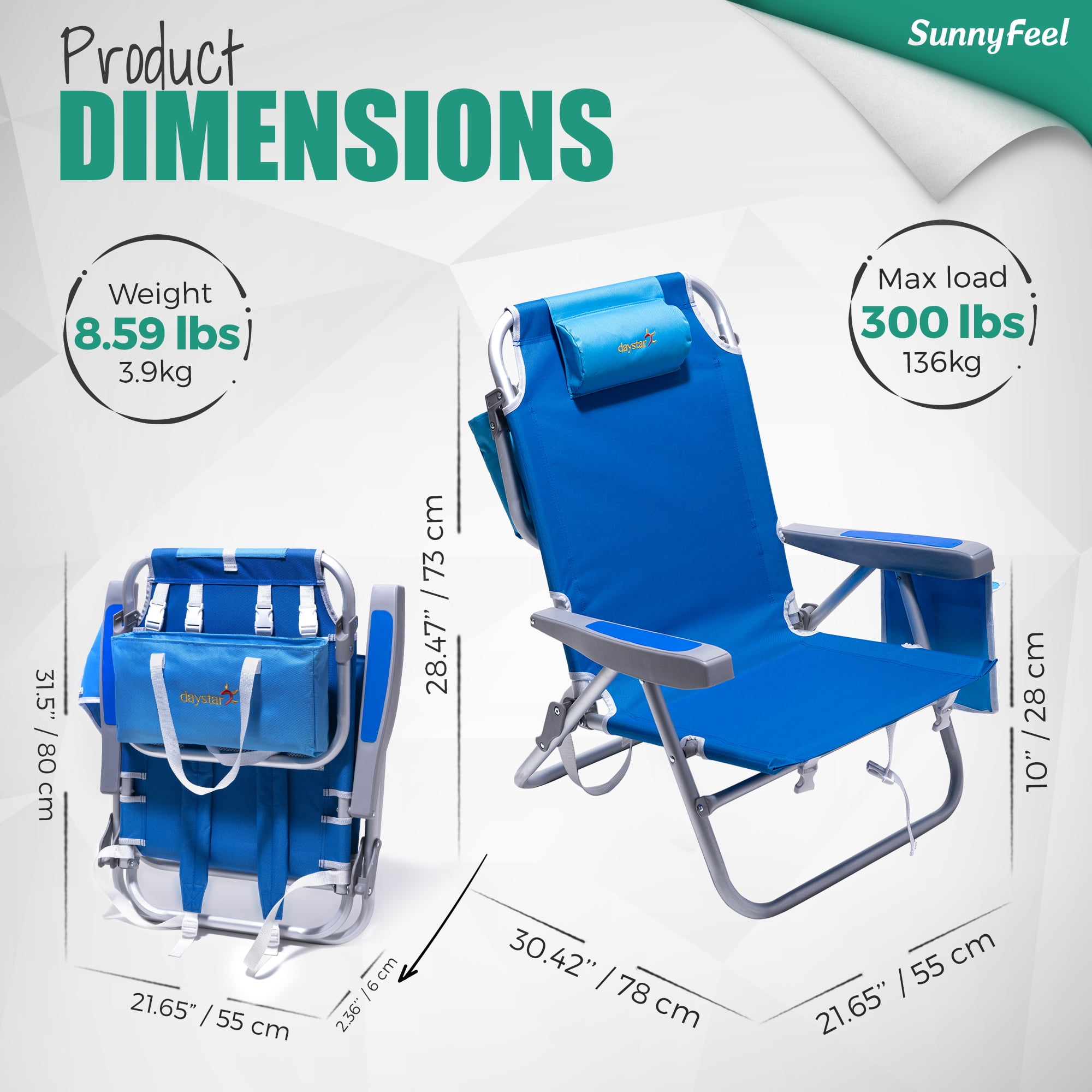 Sunnyfeel Low Beach Chair 5-Position Reclining Folding Backpack Chair with Cooler Bag (Blue, 31.5 in x 21.6 in x 2.6 in) 6ywnf