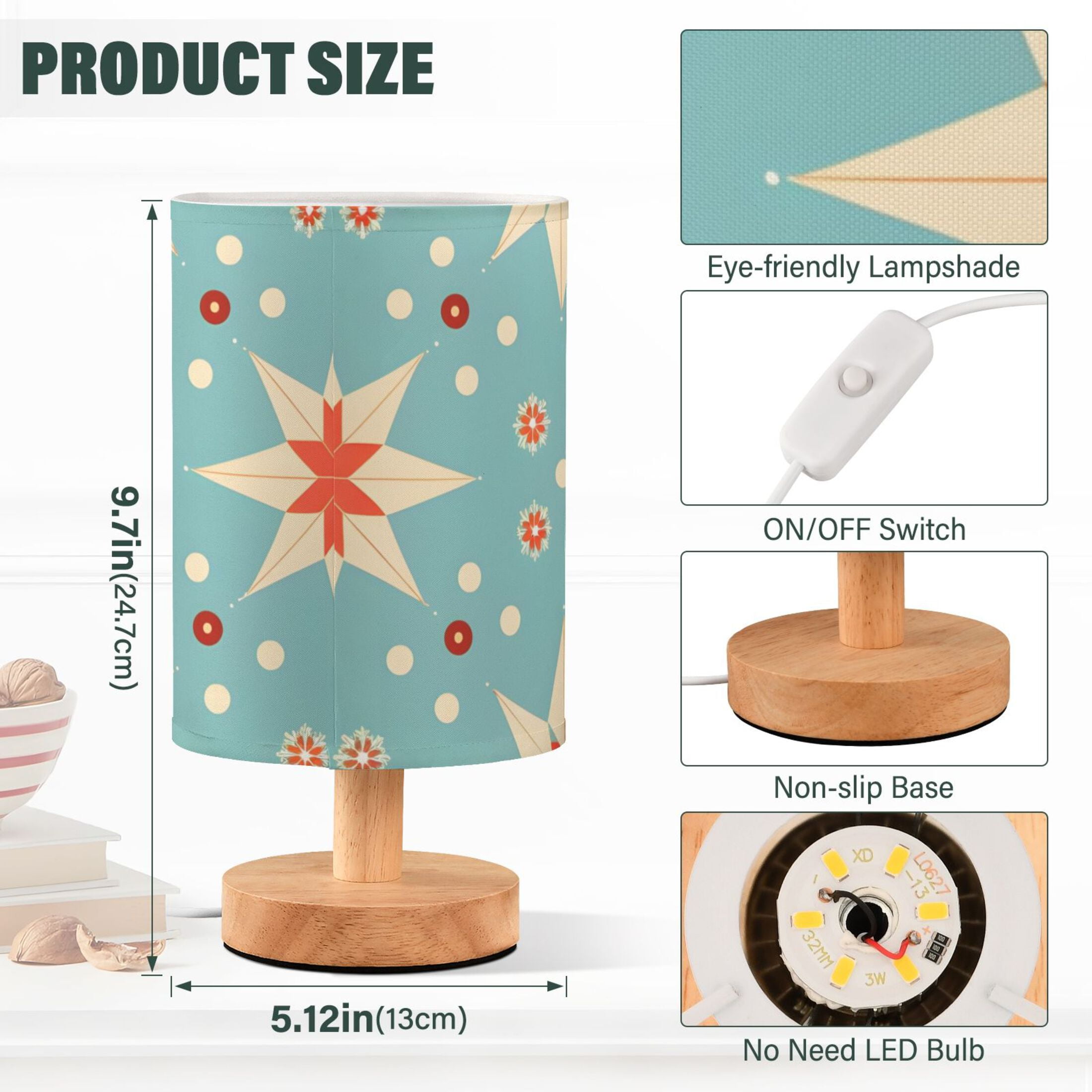 Goojoo Floral Table Lamp USB Powered Bedside Desk Light with Wood Base (Blue, 9.7 in) i038q
