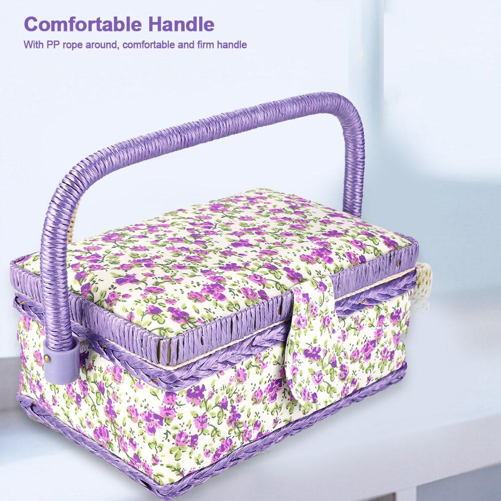 Tebru Sewing Basket Organizer with Handle, Double-Layer Storage Box for Thread and Needle (Purple Flower, 12 in x 9 in x 6 in) bo8la
