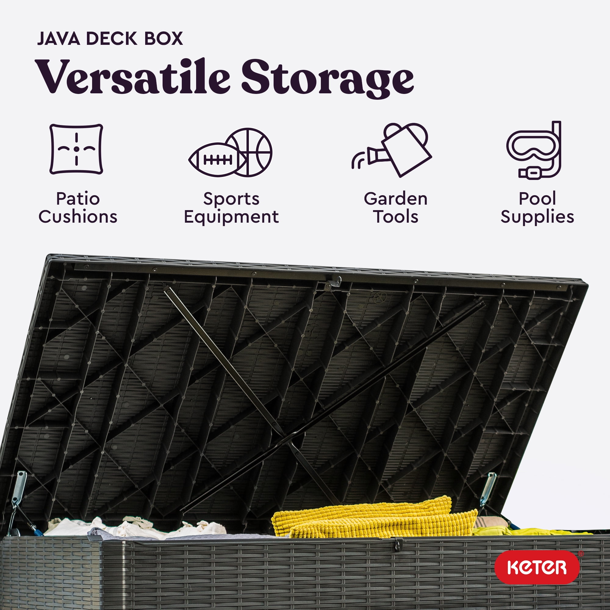 Keter Java 230 Gallon XL Weather-Resistant Resin Outdoor Deck Box (Grey, 57.5 in L x 32.67 in W x 33.85 in H) c32l6