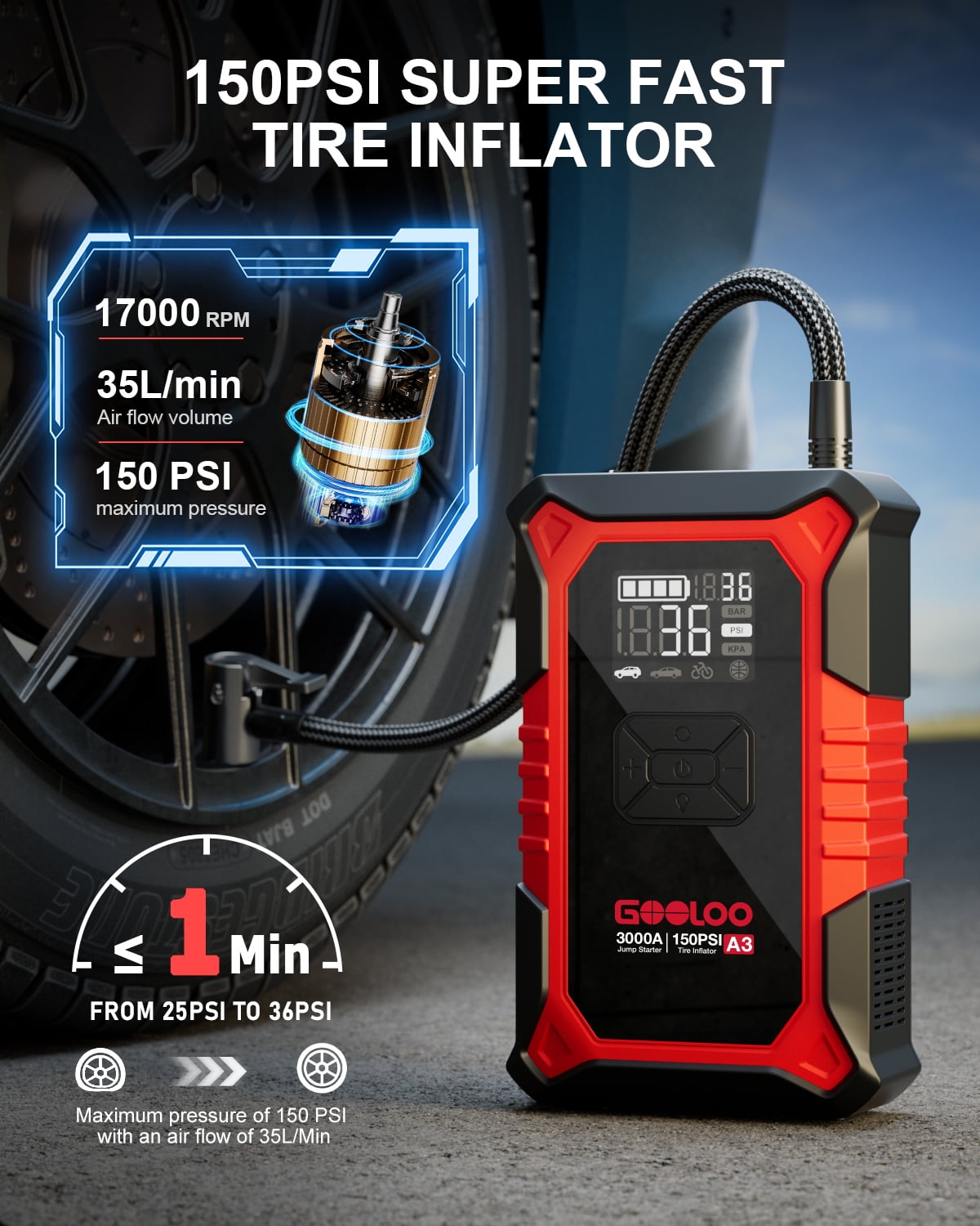 Gooloo 3000A Portable Car Battery Jump Starter with 150PSI Air Compressor (Red, 1 Unit) zeabv