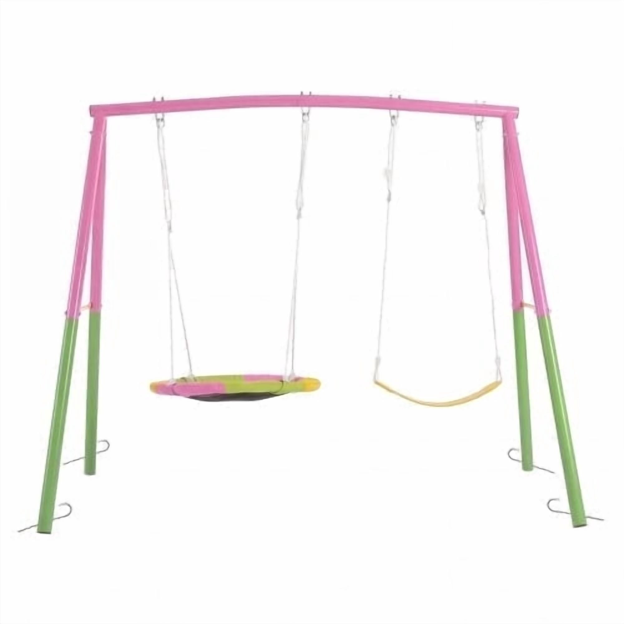 Kdymod Heavy Duty Metal A-Frame Swing Set with Saucer Disc and Belt Seat (Pink, 440 lb Capacity) sizrv