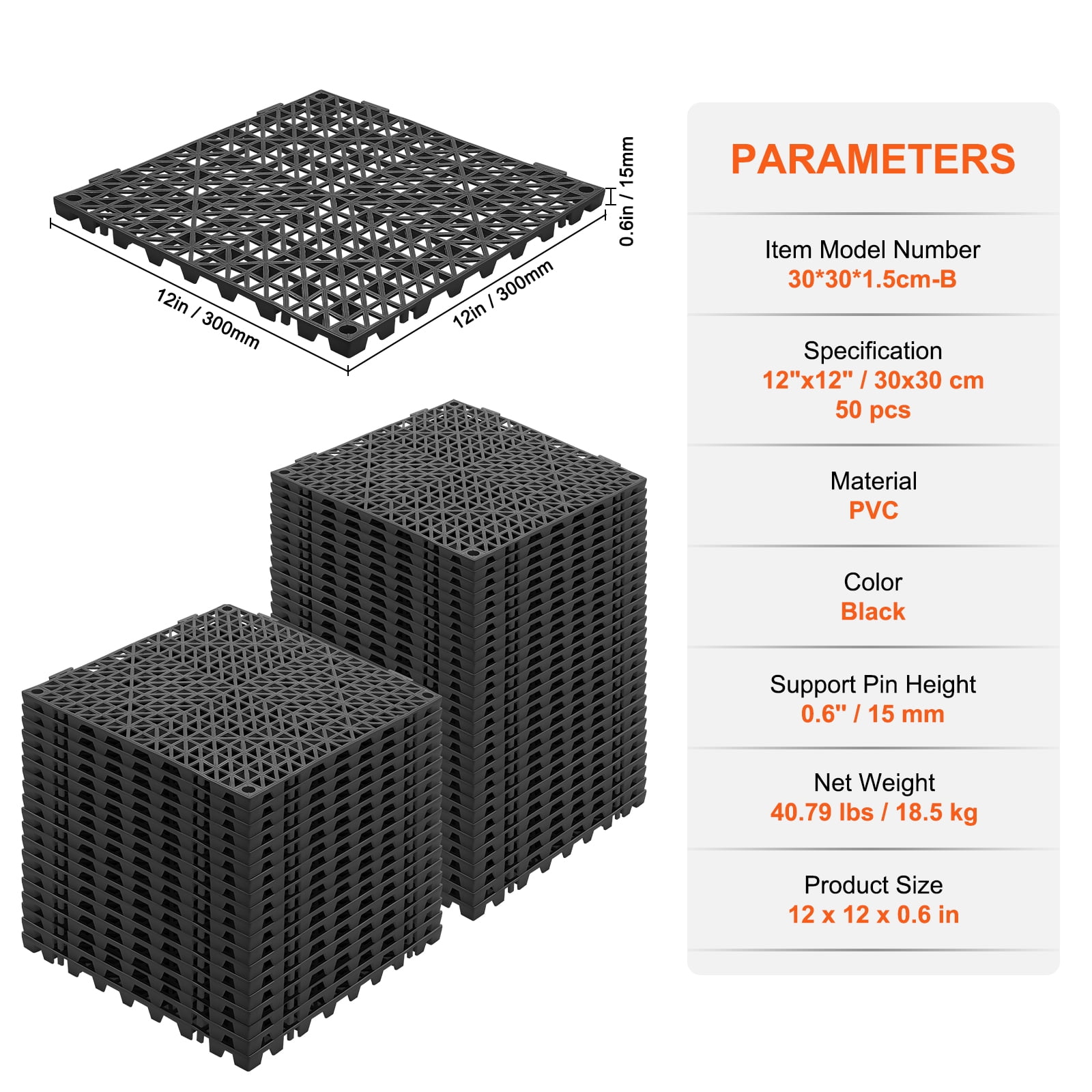SKYSHALO Interlocking Floor Mats Waterproof Non-Slip PVC Tiles (Black, 50 Piece, 12 in x 12 in) elmli
